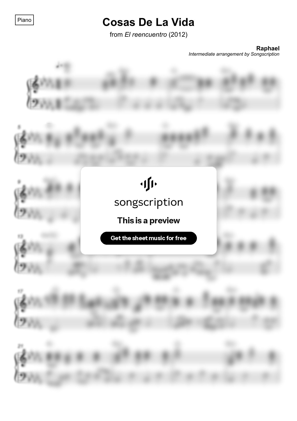 Intermediate Piano Sheet Music for "Cosas De La Vida" by Raphael