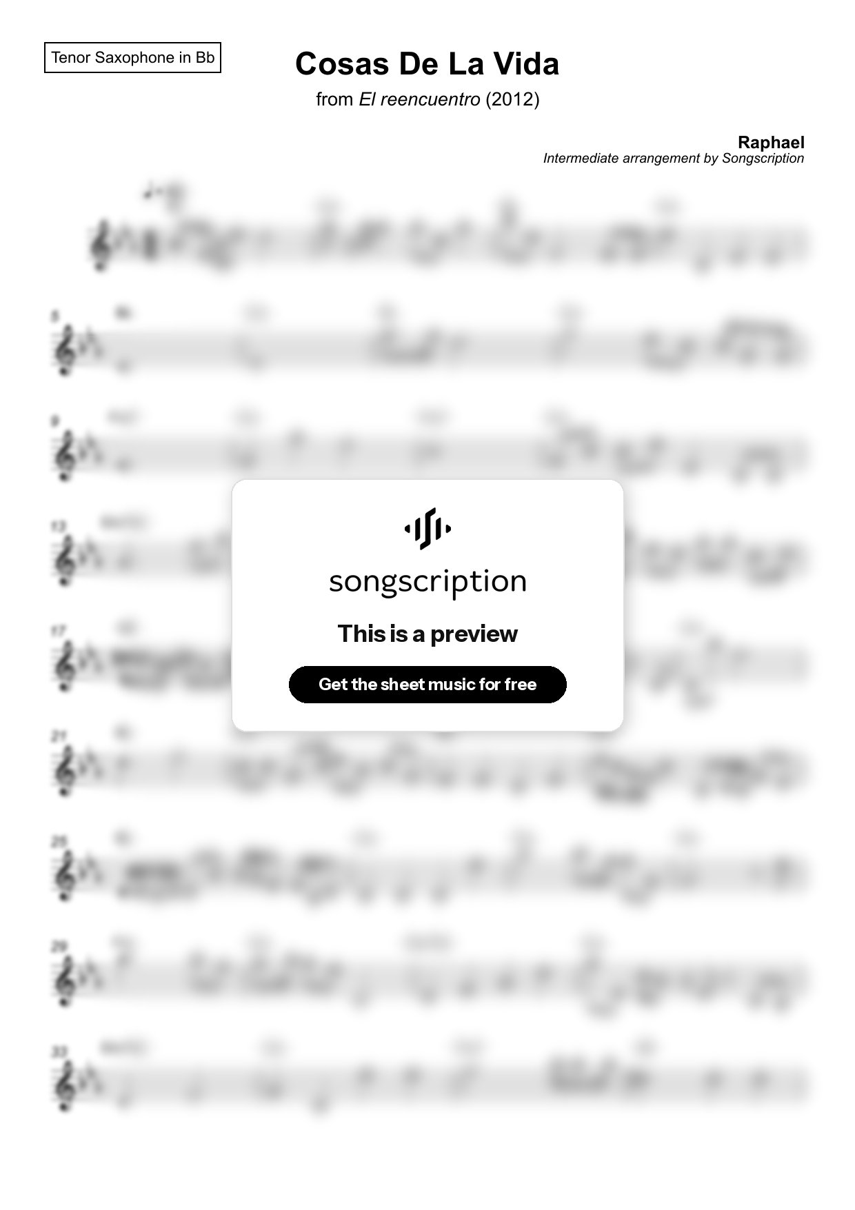 Intermediate Tenor Sax Sheet Music for "Cosas De La Vida" by Raphael