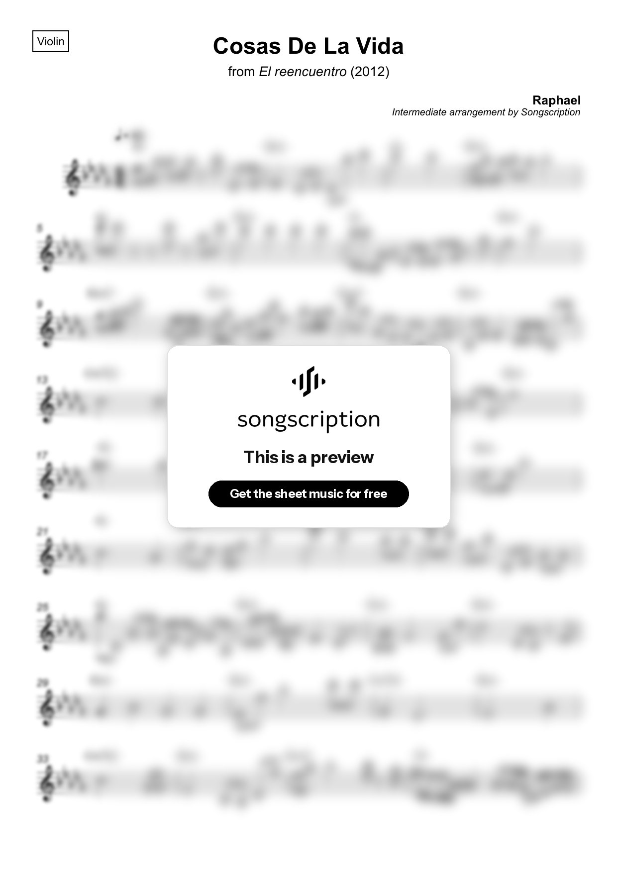 Intermediate Violin Sheet Music for "Cosas De La Vida" by Raphael