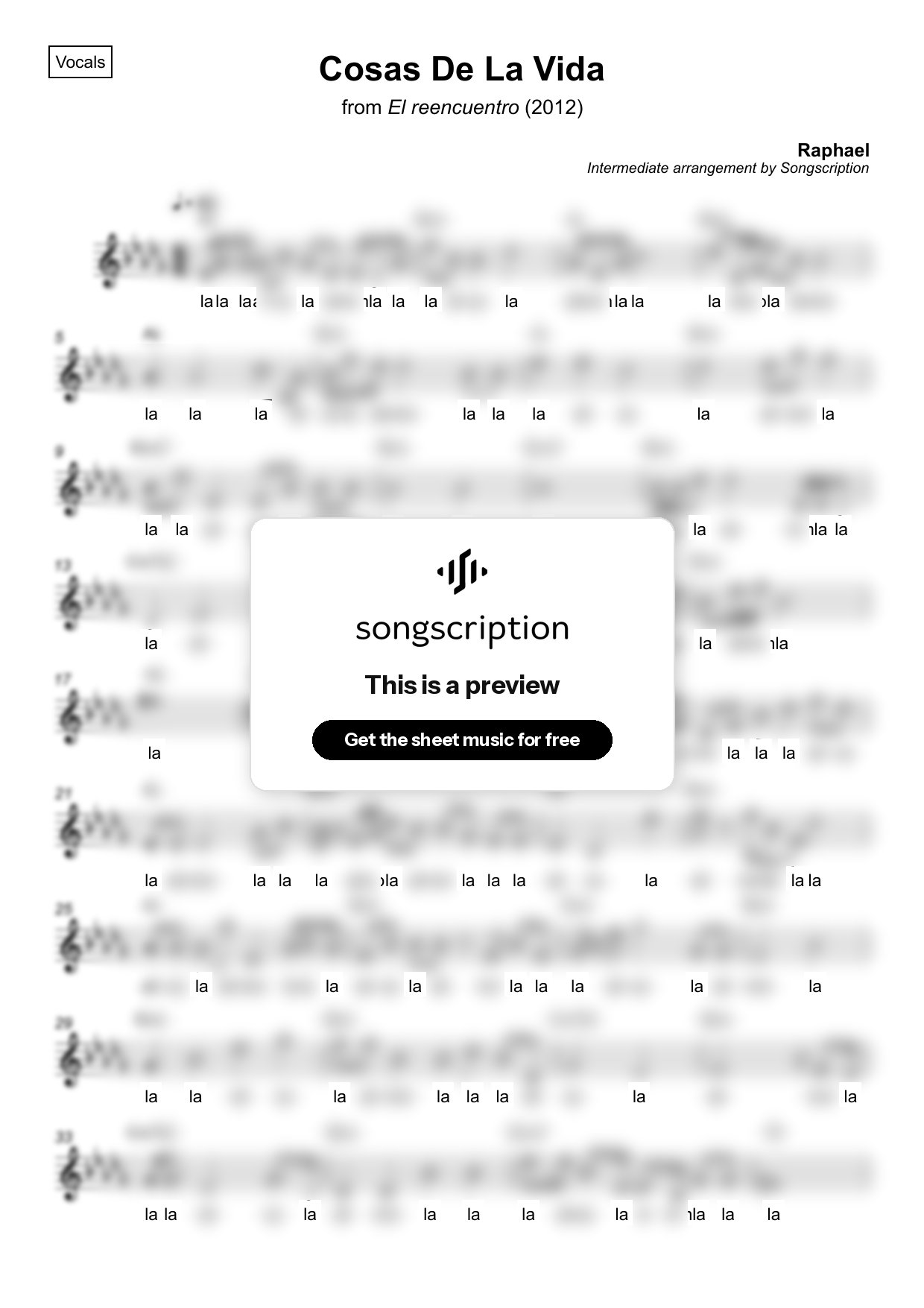 Intermediate Vocals Sheet Music for "Cosas De La Vida" by Raphael