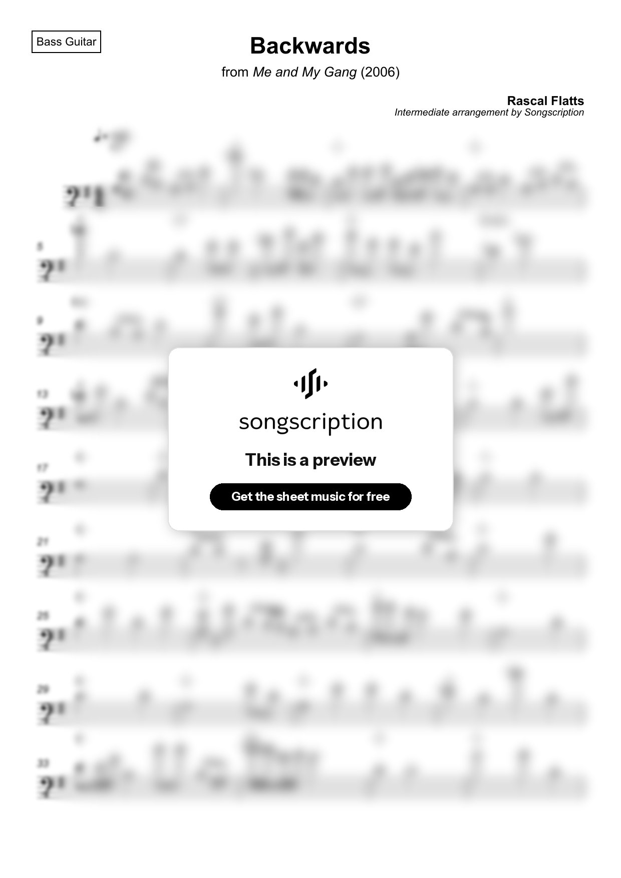 Intermediate Bass Guitar Sheet Music for "Backwards" by Rascal Flatts