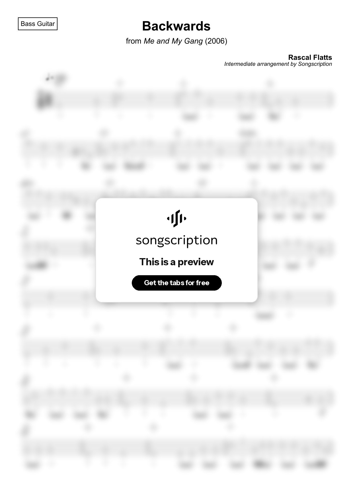 Intermediate Bass Guitar Tabs for "Backwards" by Rascal Flatts