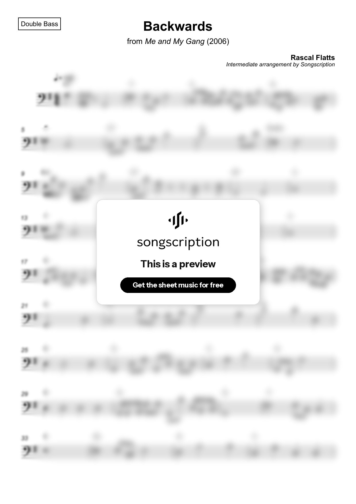 Intermediate Double Bass Sheet Music for "Backwards" by Rascal Flatts