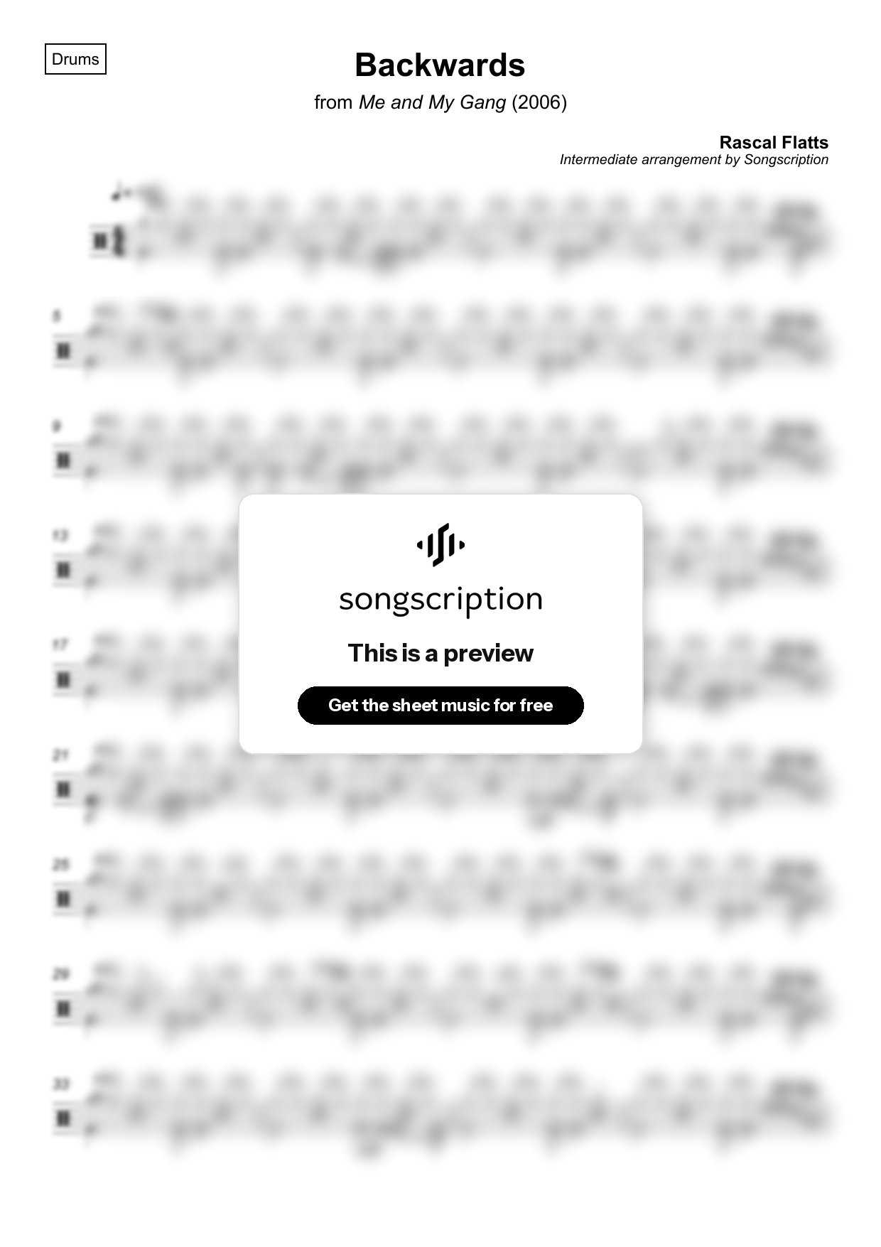 Intermediate Drums Sheet Music for "Backwards" by Rascal Flatts