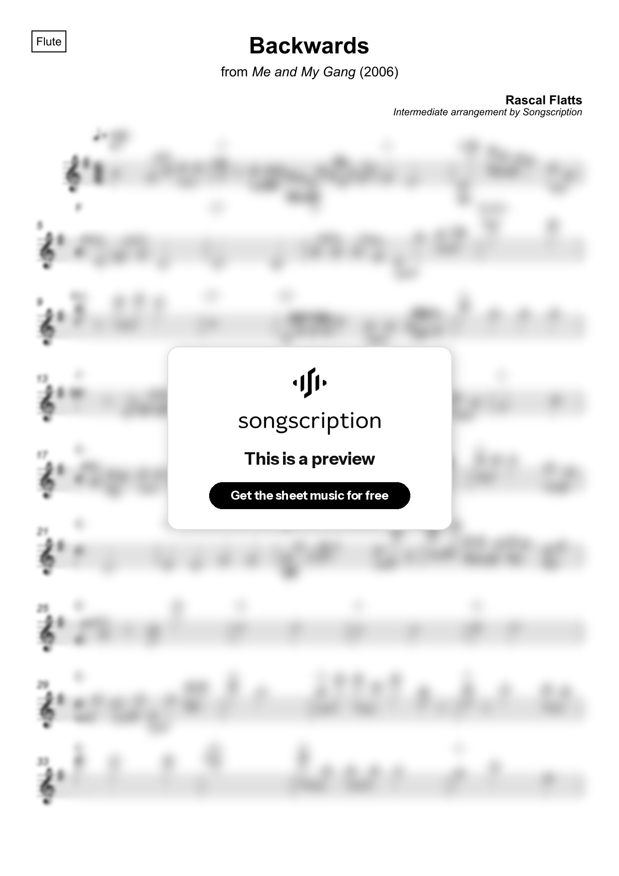 Intermediate Flute Sheet Music for "Backwards" by Rascal Flatts