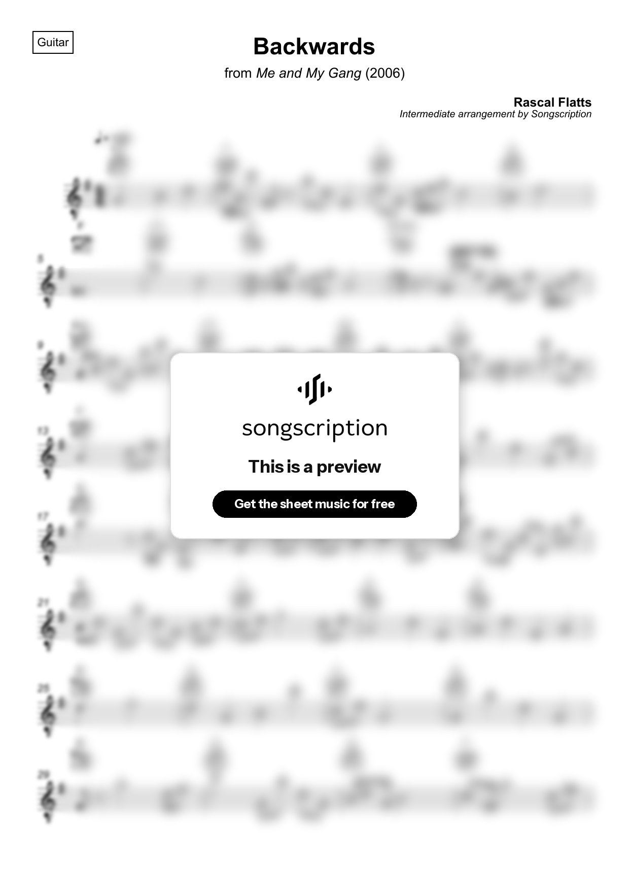 Intermediate Acoustic Guitar Sheet Music for "Backwards" by Rascal Flatts