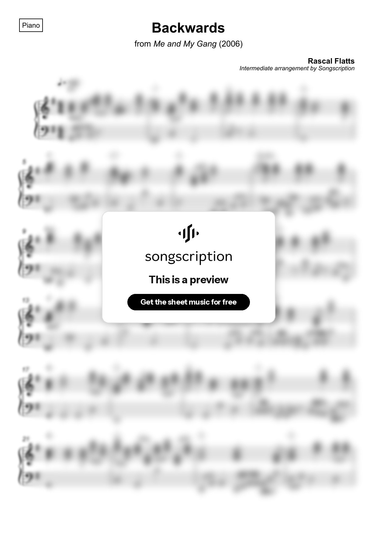 Intermediate Piano Sheet Music for "Backwards" by Rascal Flatts