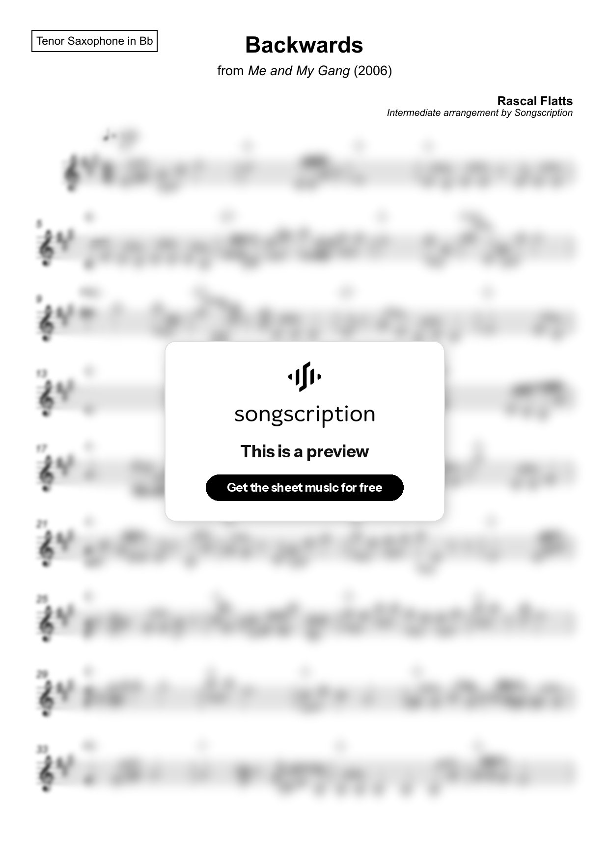 Intermediate Tenor Sax Sheet Music for "Backwards" by Rascal Flatts