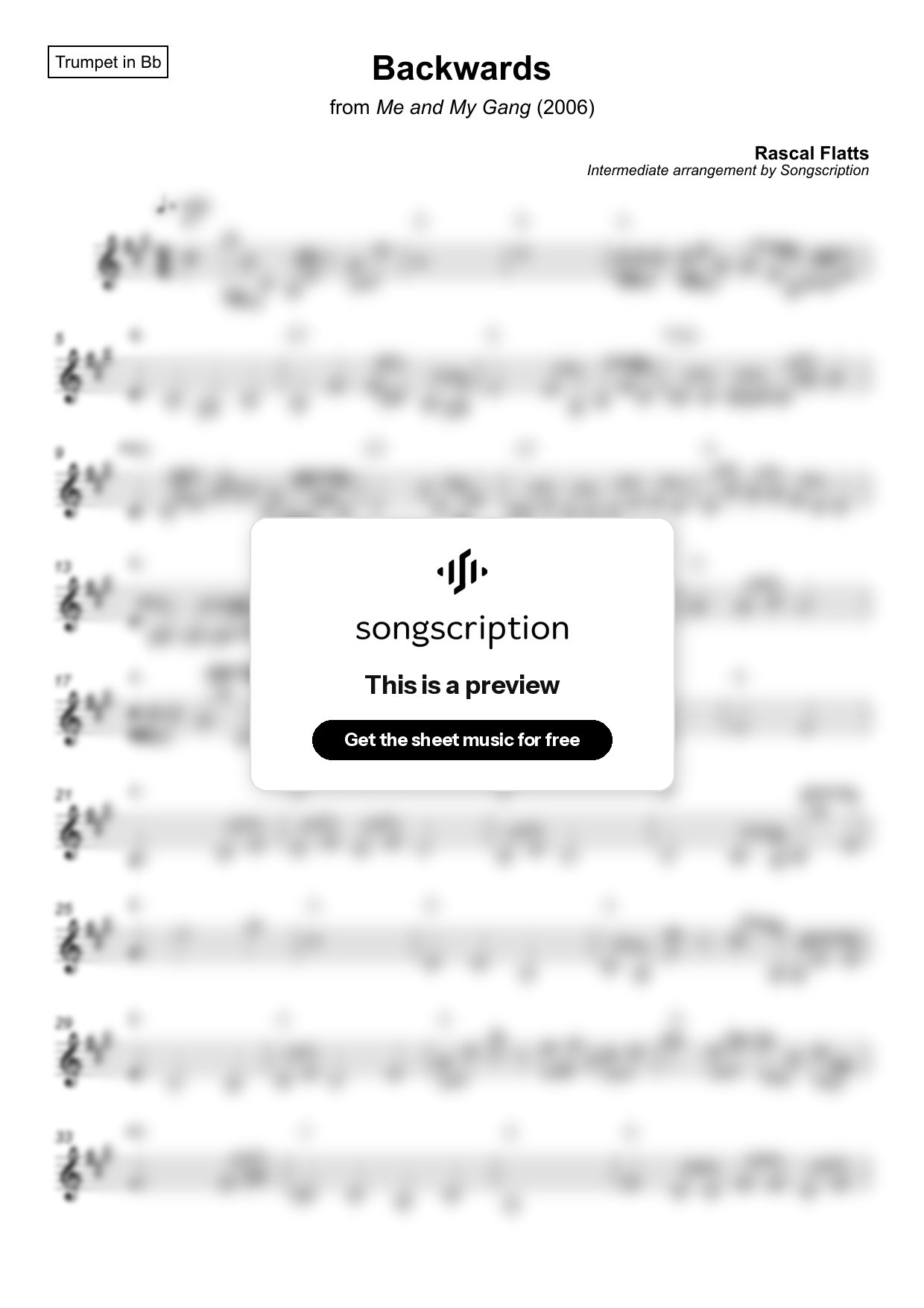 Intermediate Trumpet Sheet Music for "Backwards" by Rascal Flatts