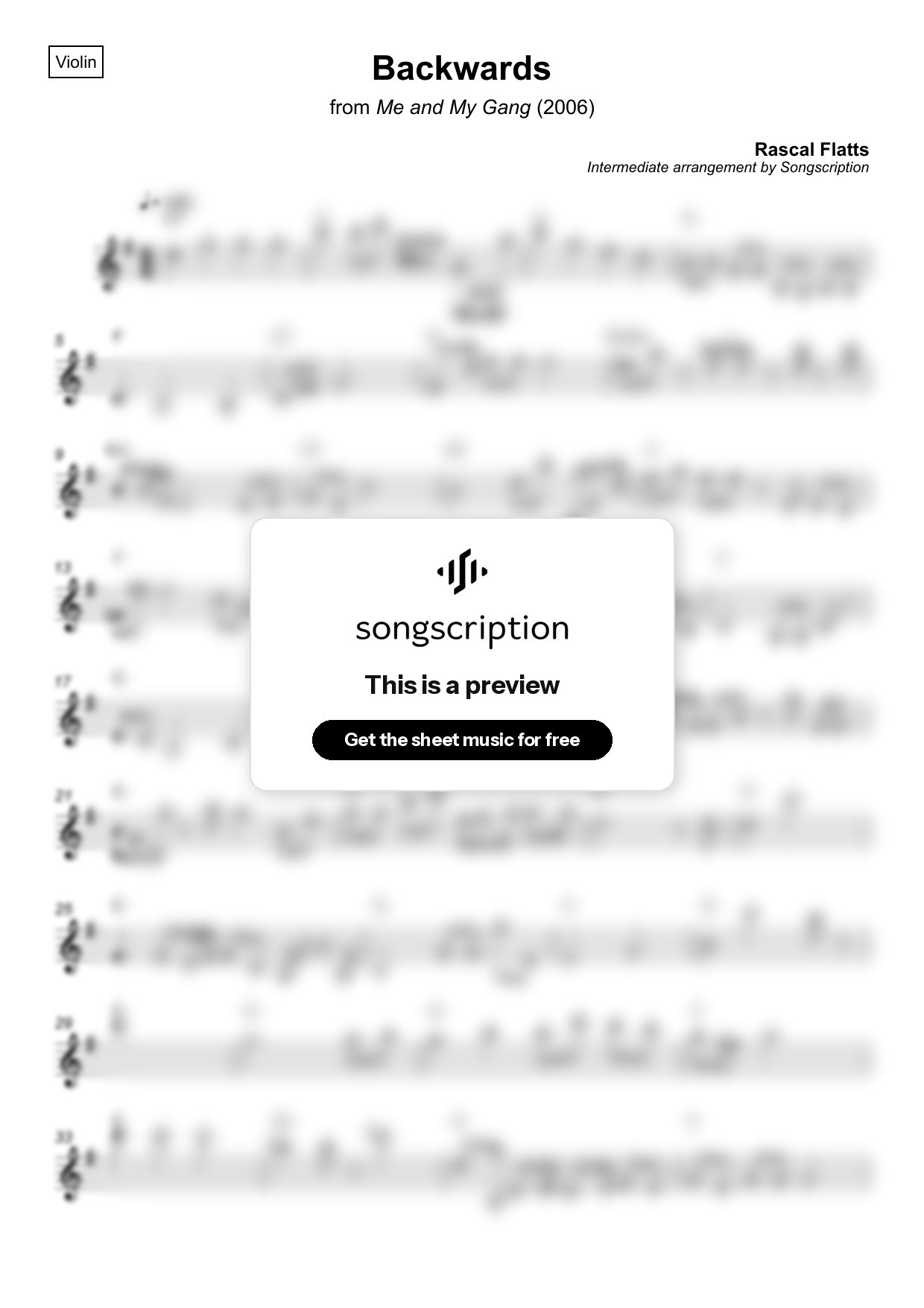 Intermediate Violin Sheet Music for "Backwards" by Rascal Flatts