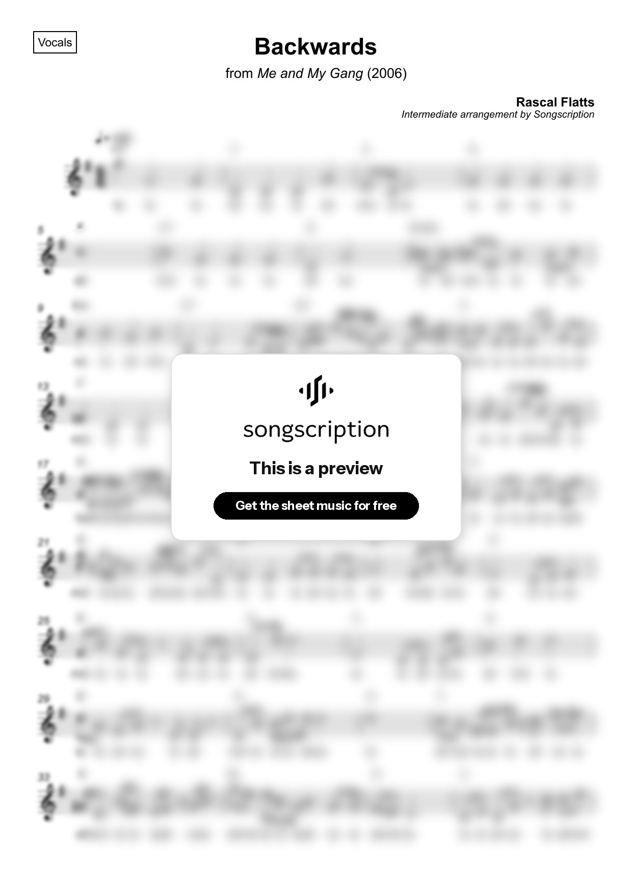 Intermediate Vocals Sheet Music for "Backwards" by Rascal Flatts