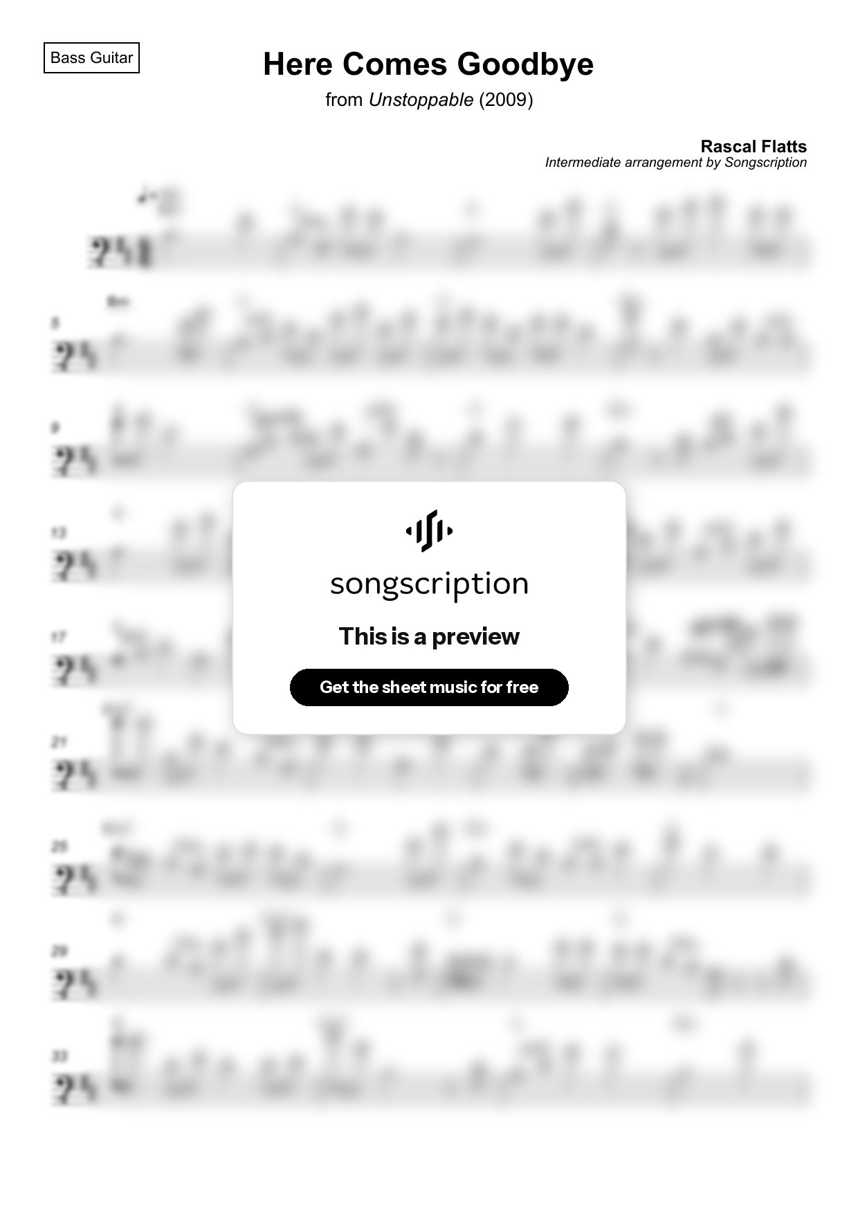 Intermediate Bass Guitar Sheet Music for "Here Comes Goodbye" by Rascal Flatts