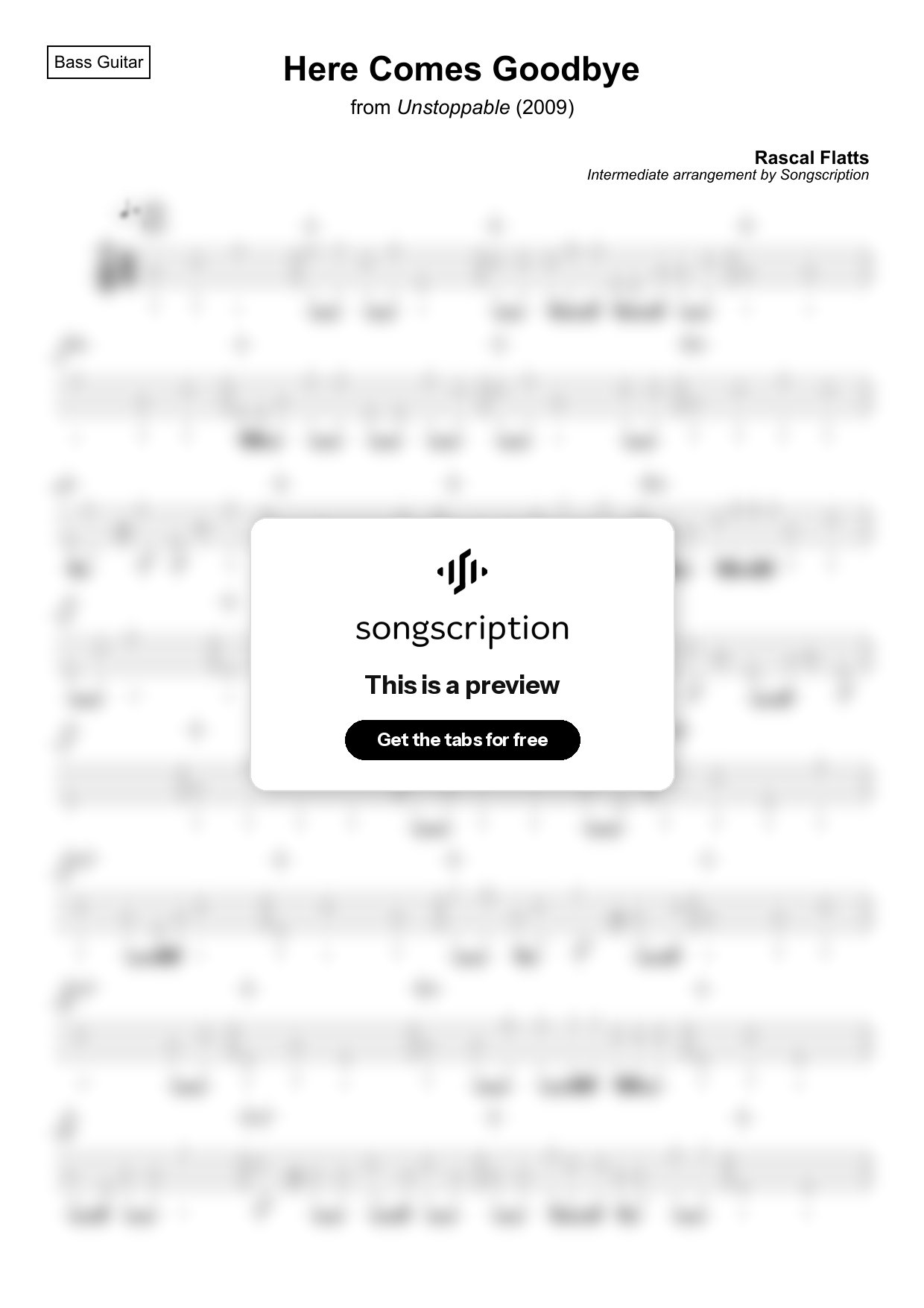 Intermediate Bass Guitar Tabs for "Here Comes Goodbye" by Rascal Flatts