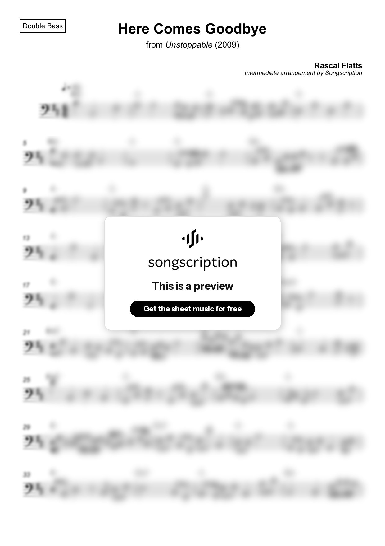 Intermediate Double Bass Sheet Music for "Here Comes Goodbye" by Rascal Flatts