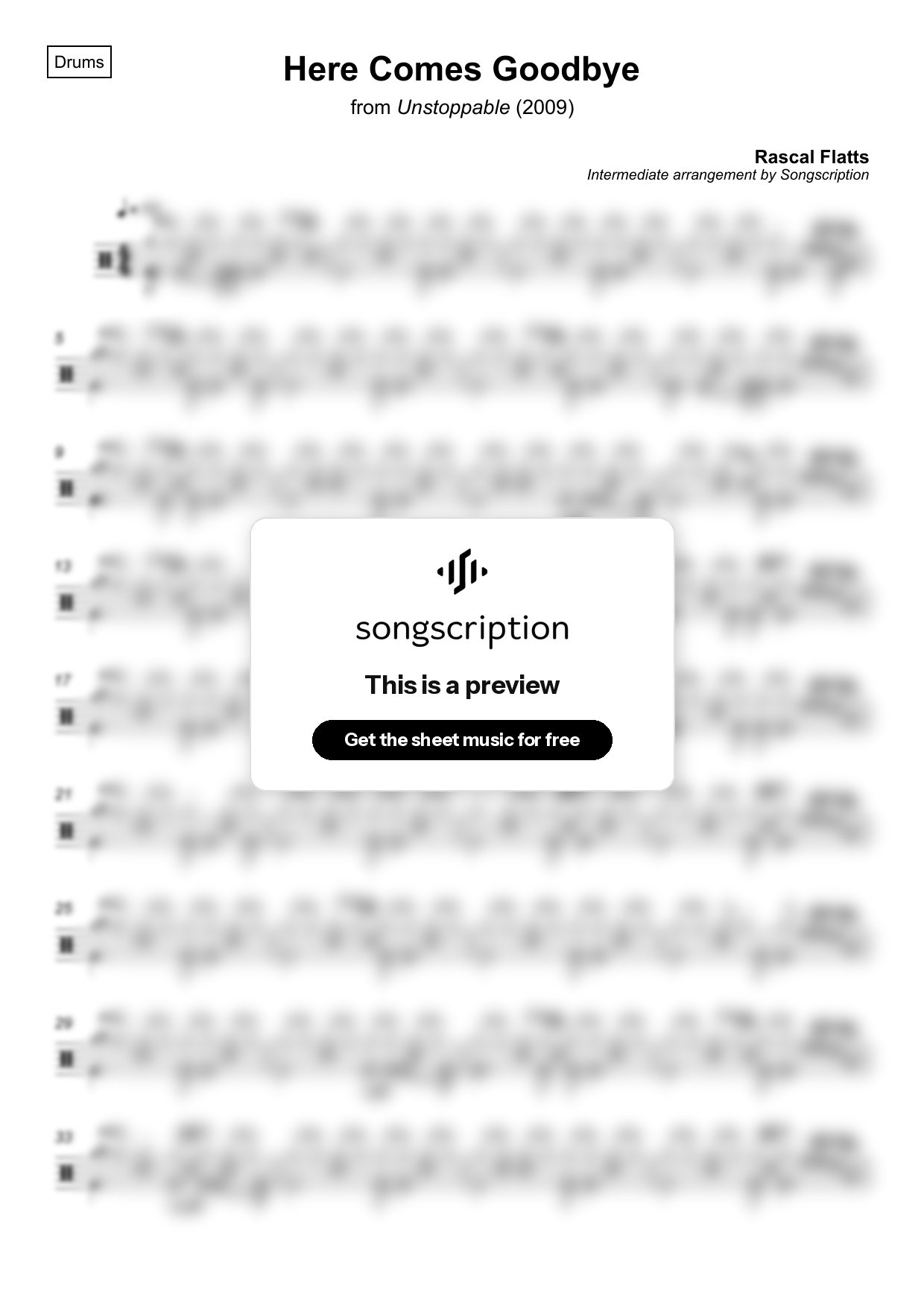 Intermediate Drums Sheet Music for "Here Comes Goodbye" by Rascal Flatts