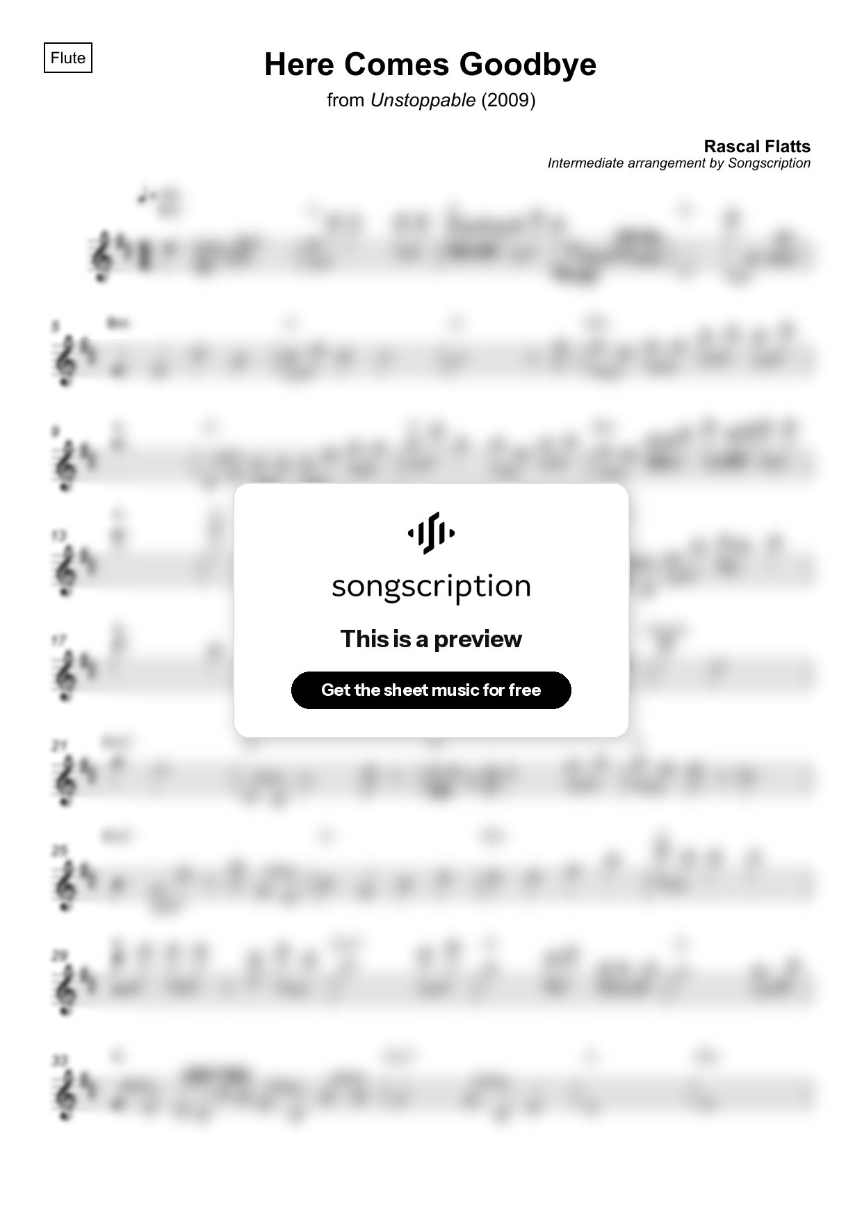 Intermediate Flute Sheet Music for "Here Comes Goodbye" by Rascal Flatts
