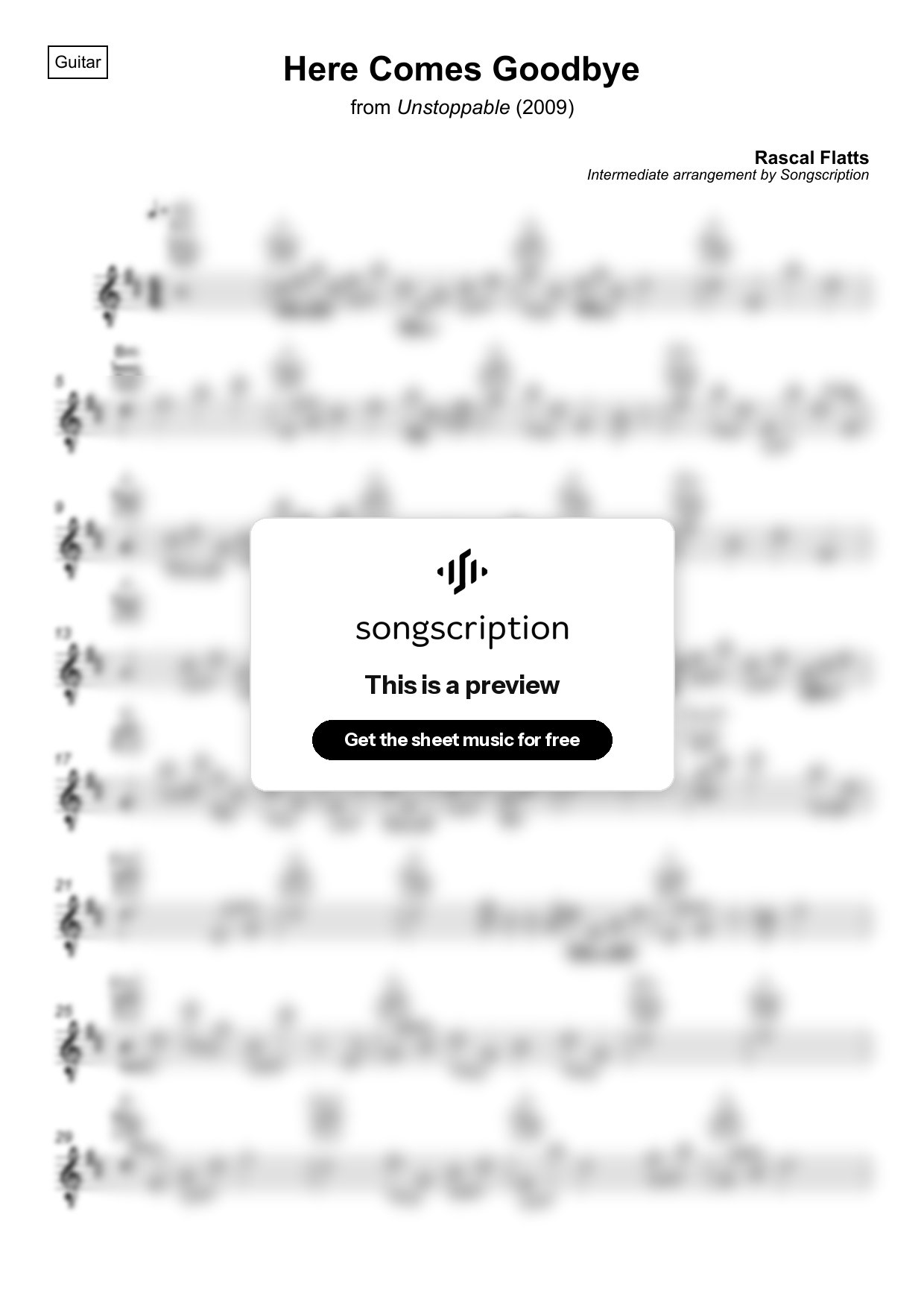 Intermediate Acoustic Guitar Sheet Music for "Here Comes Goodbye" by Rascal Flatts