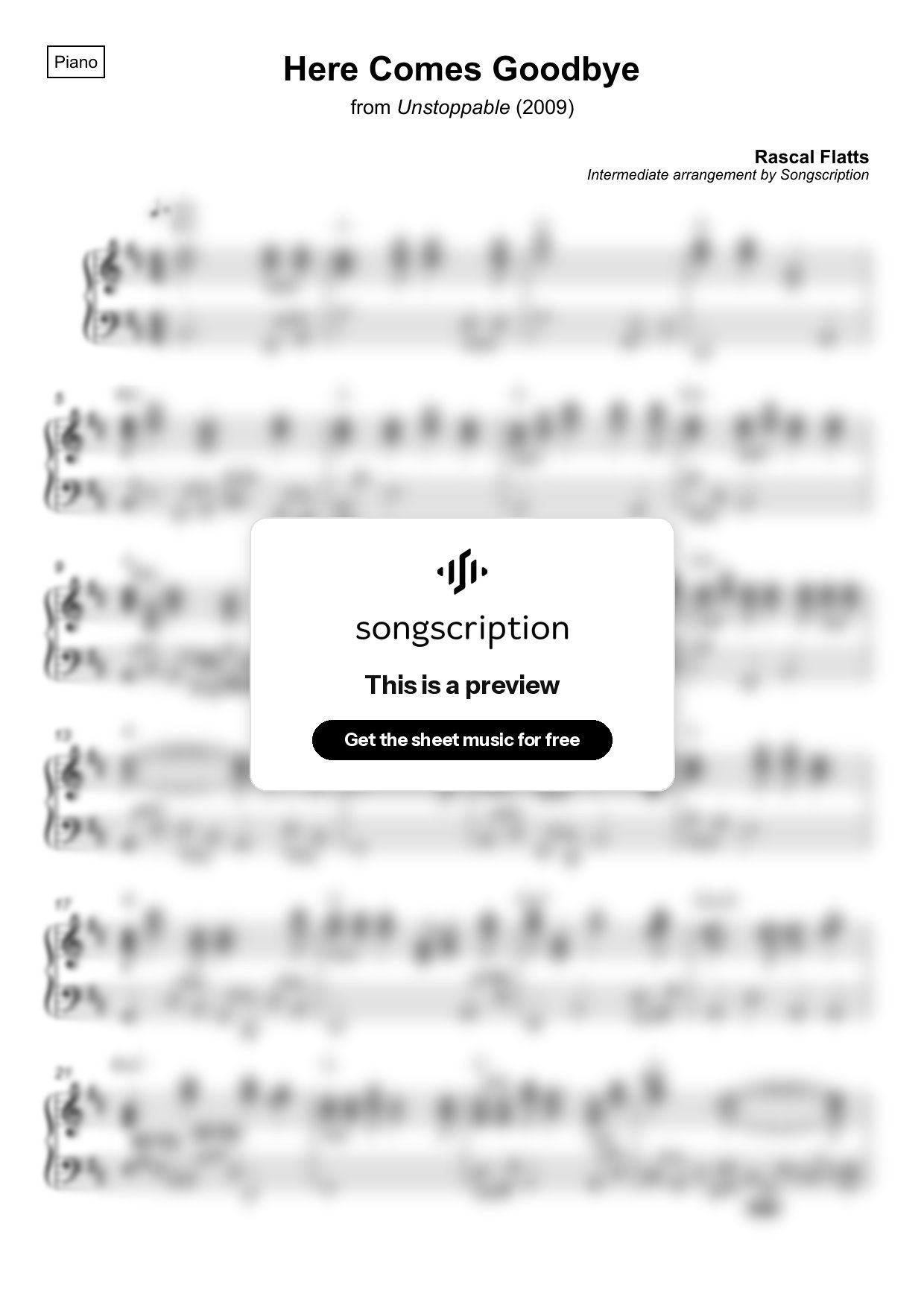 Intermediate Piano Sheet Music for "Here Comes Goodbye" by Rascal Flatts