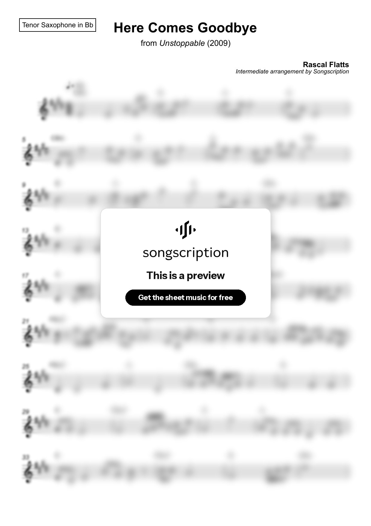 Intermediate Tenor Sax Sheet Music for "Here Comes Goodbye" by Rascal Flatts