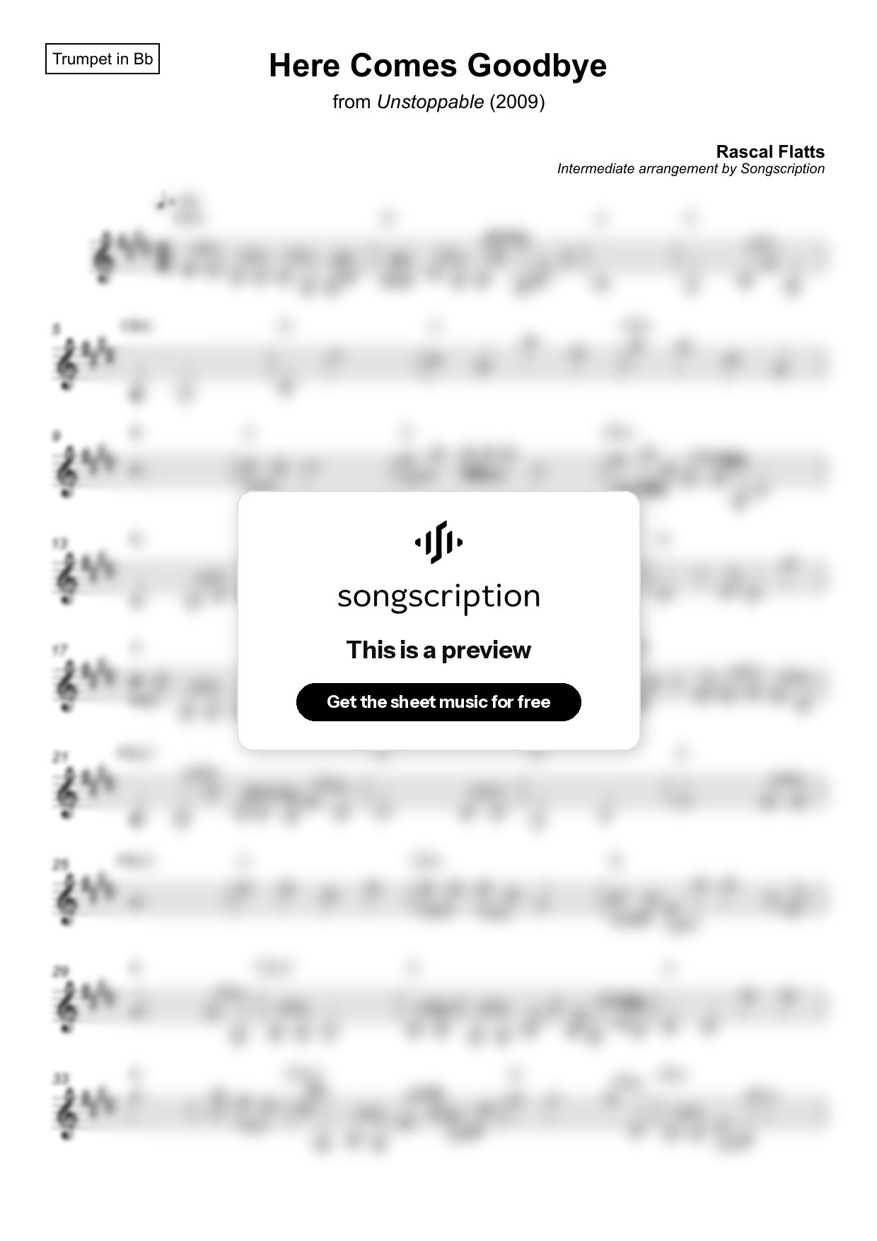 Intermediate Trumpet Sheet Music for "Here Comes Goodbye" by Rascal Flatts
