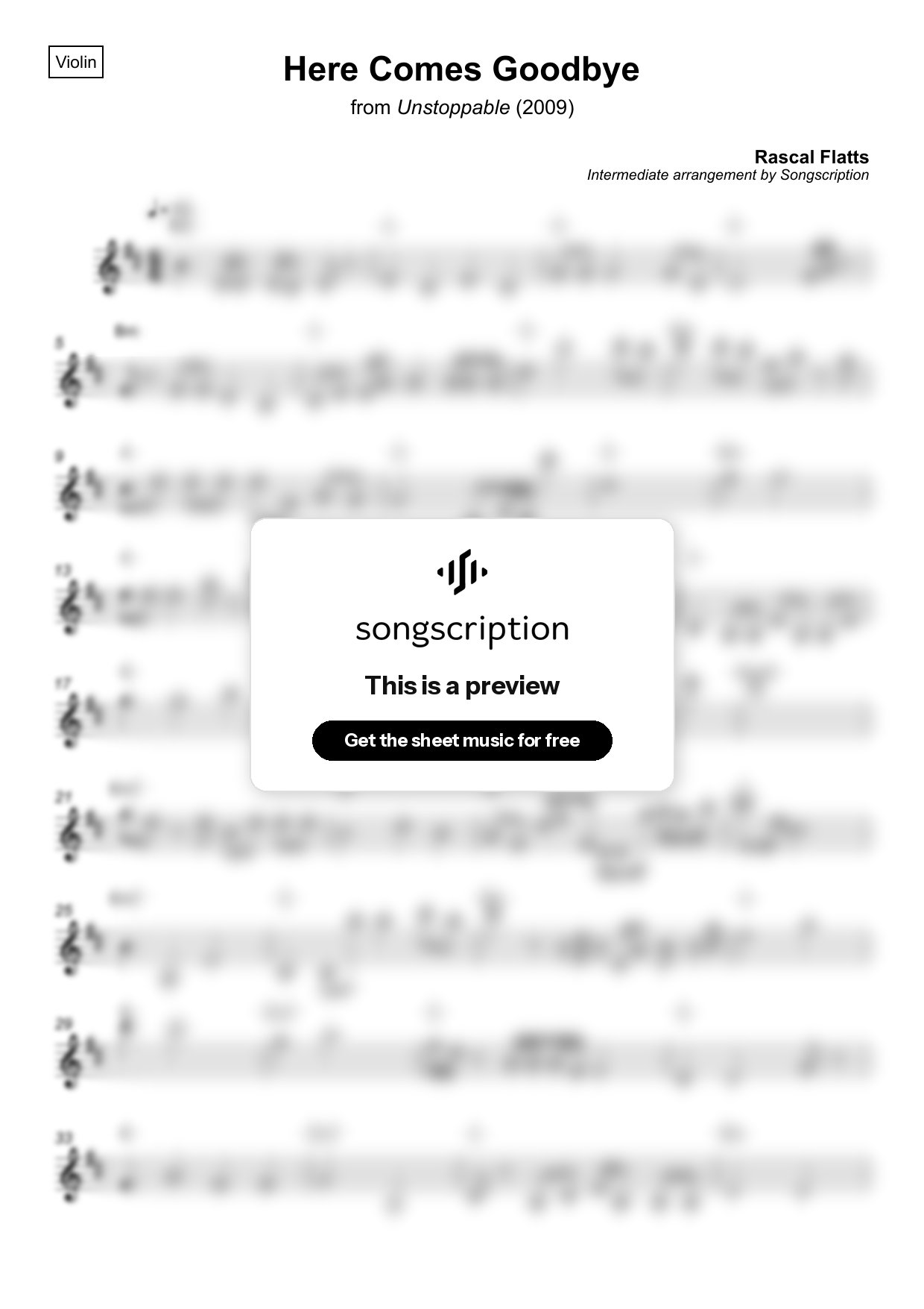 Intermediate Violin Sheet Music for "Here Comes Goodbye" by Rascal Flatts