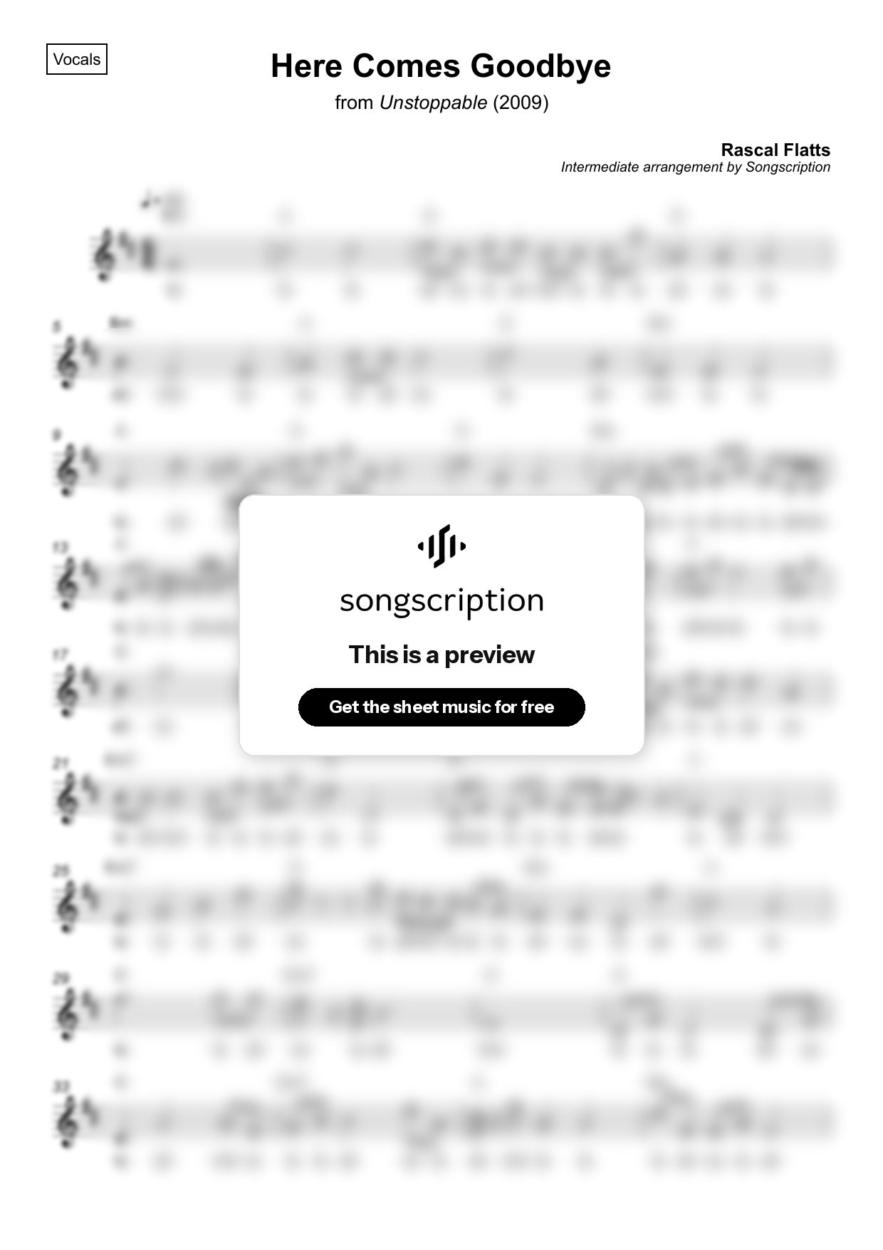 Intermediate Vocals Sheet Music for "Here Comes Goodbye" by Rascal Flatts