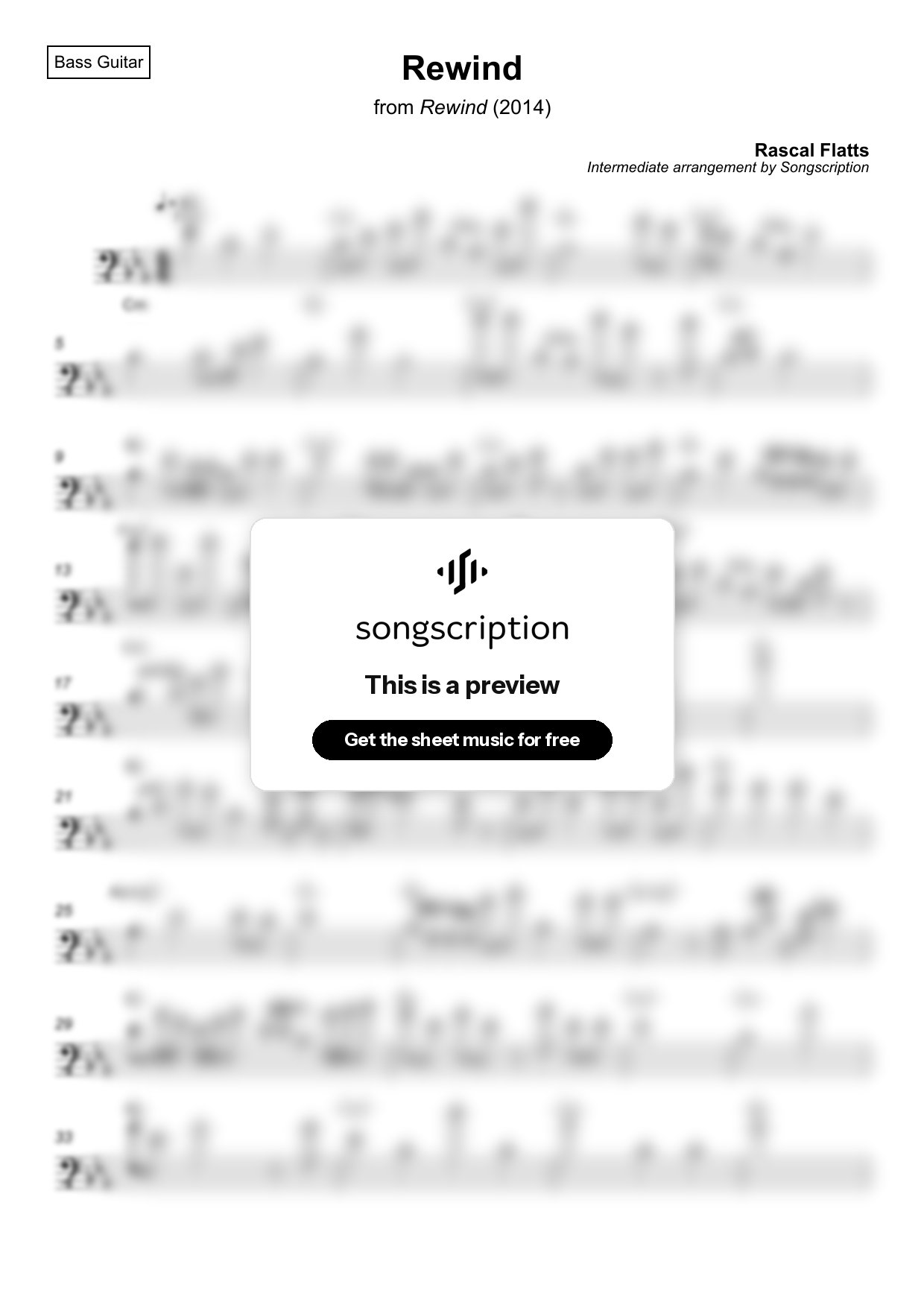 Intermediate Bass Guitar Sheet Music for "Rewind" by Rascal Flatts