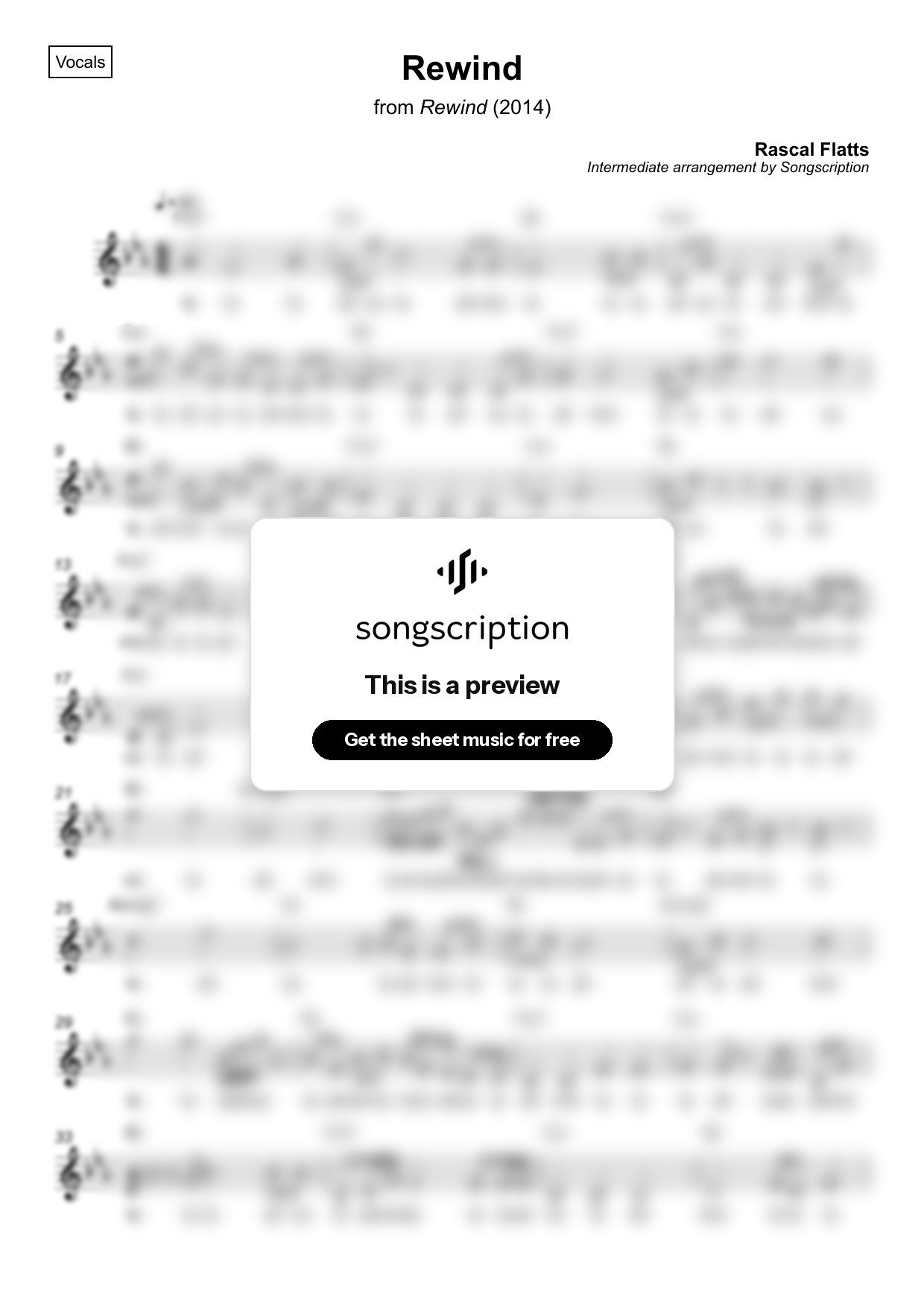 Intermediate Vocals Sheet Music for "Rewind" by Rascal Flatts