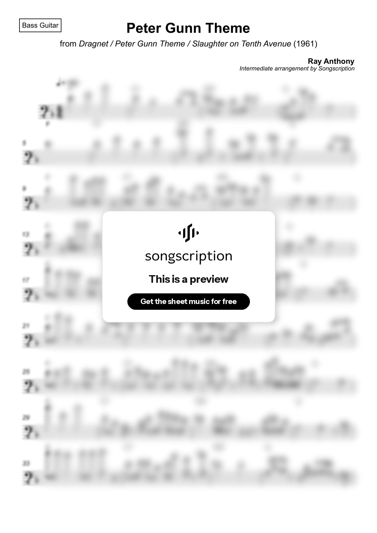 Intermediate Bass Guitar Sheet Music for "Peter Gunn Theme" by Ray Anthony