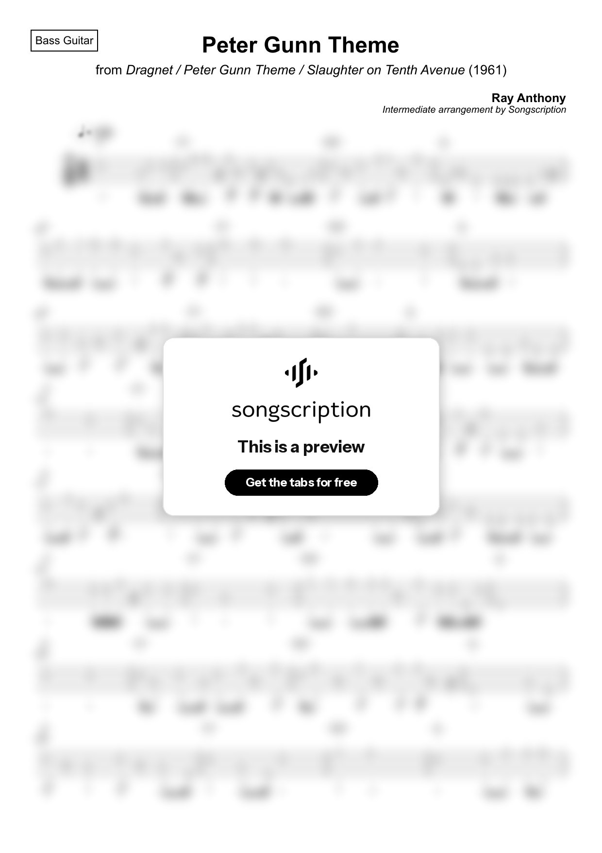 Intermediate Bass Guitar Tabs for "Peter Gunn Theme" by Ray Anthony