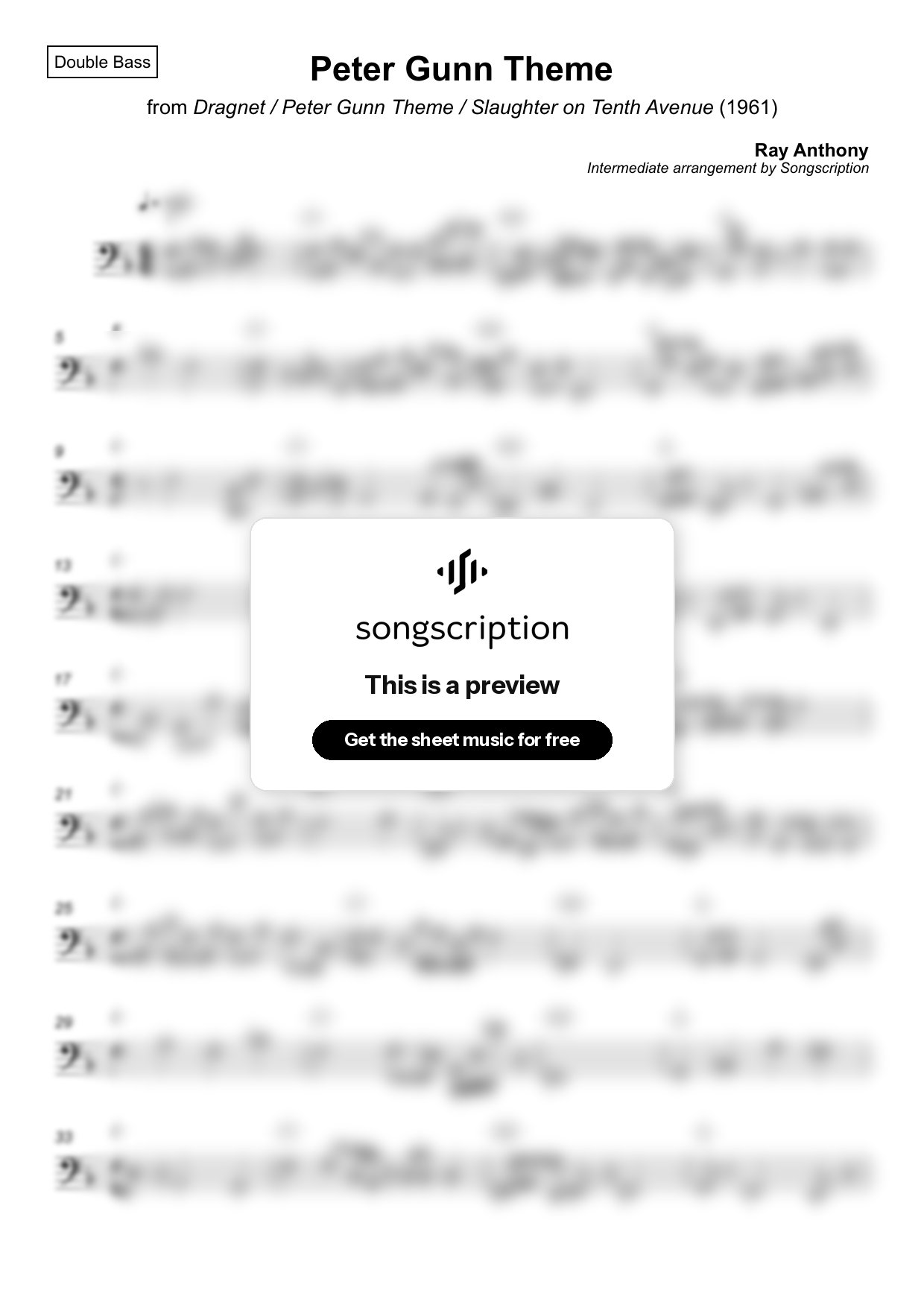 Intermediate Double Bass Sheet Music for "Peter Gunn Theme" by Ray Anthony
