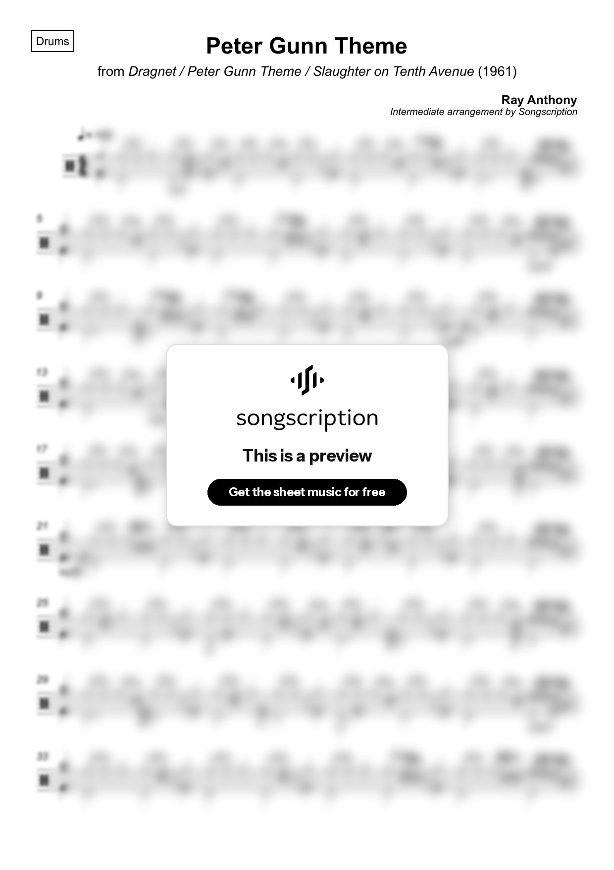 Intermediate Drums Sheet Music for "Peter Gunn Theme" by Ray Anthony