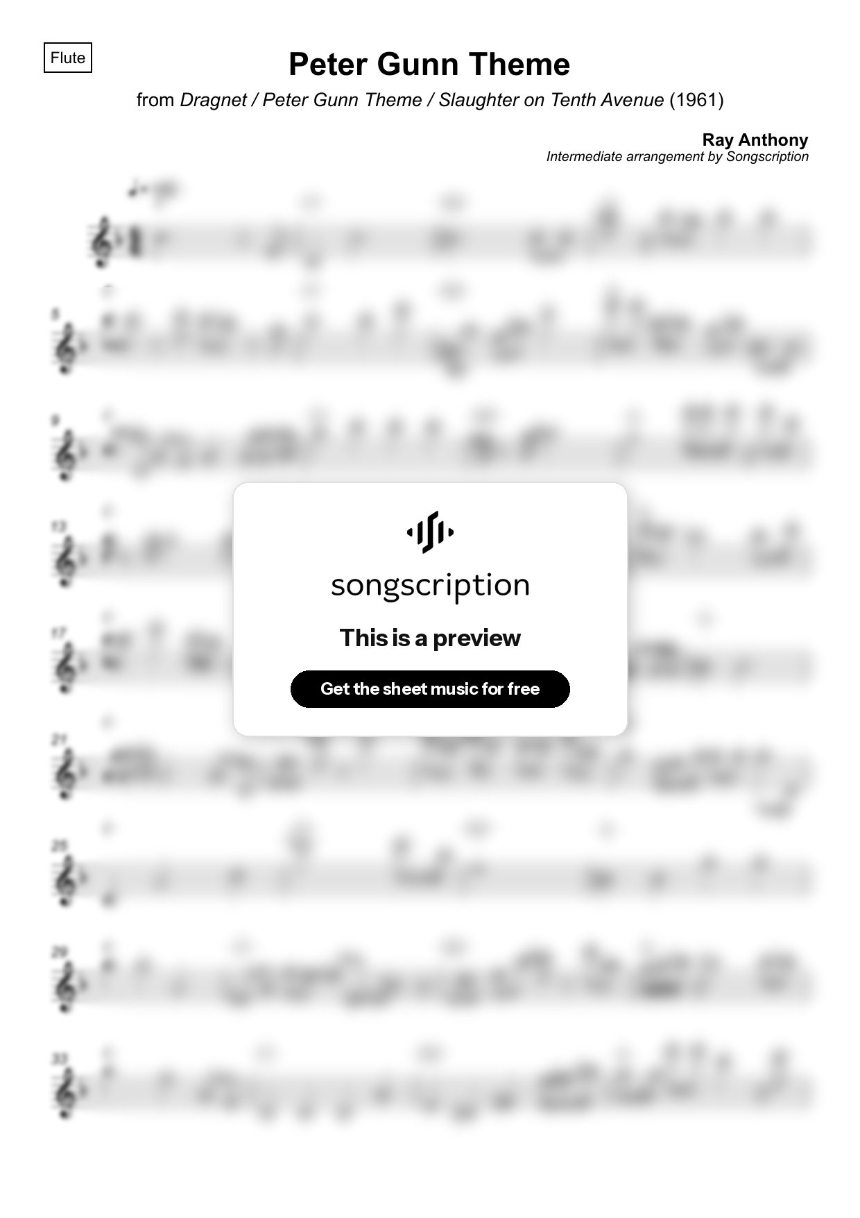 Intermediate Flute Sheet Music for "Peter Gunn Theme" by Ray Anthony