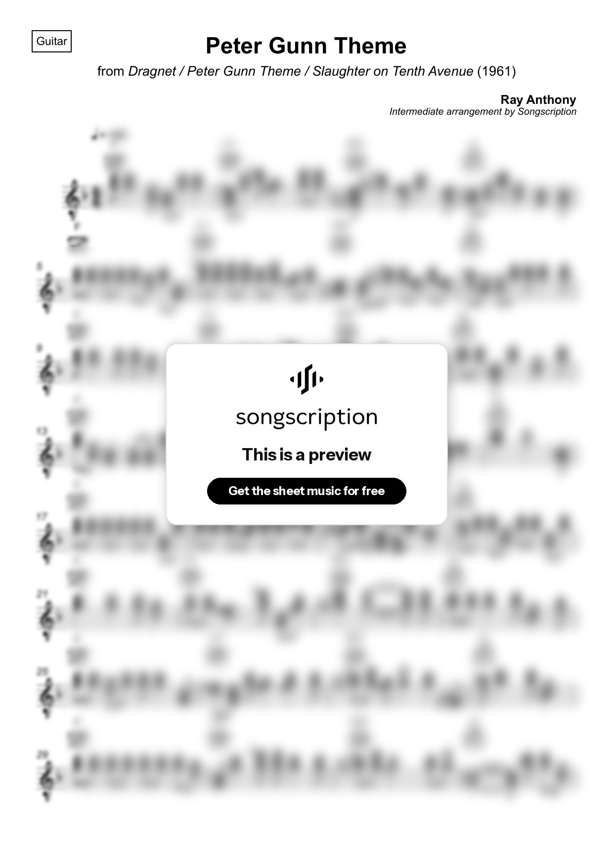 Intermediate Acoustic Guitar Sheet Music for "Peter Gunn Theme" by Ray Anthony