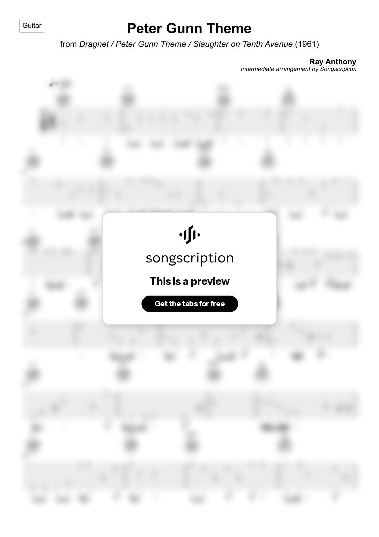 Intermediate Acoustic Guitar Tabs for "Peter Gunn Theme" by Ray Anthony
