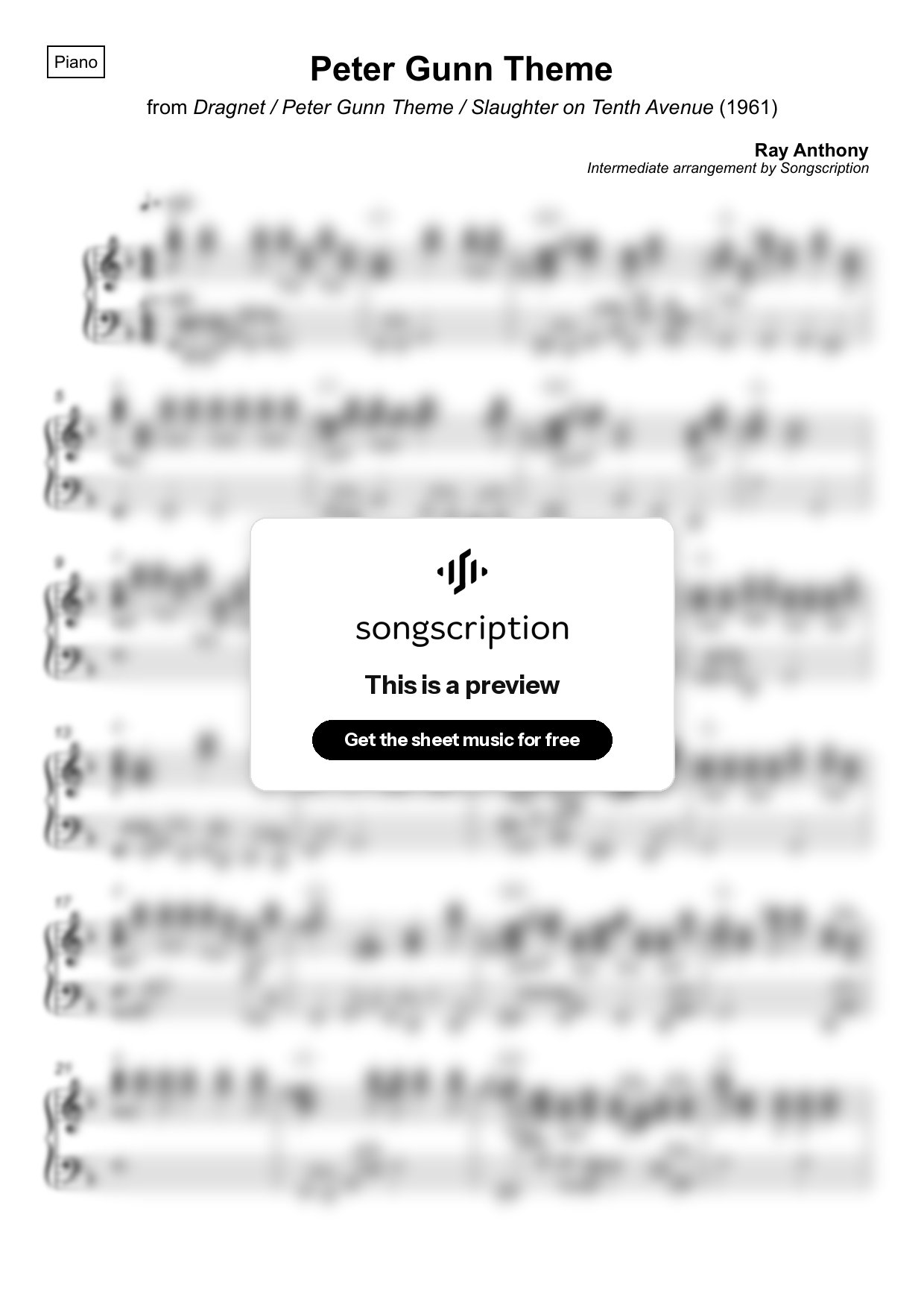 Intermediate Piano Sheet Music for "Peter Gunn Theme" by Ray Anthony