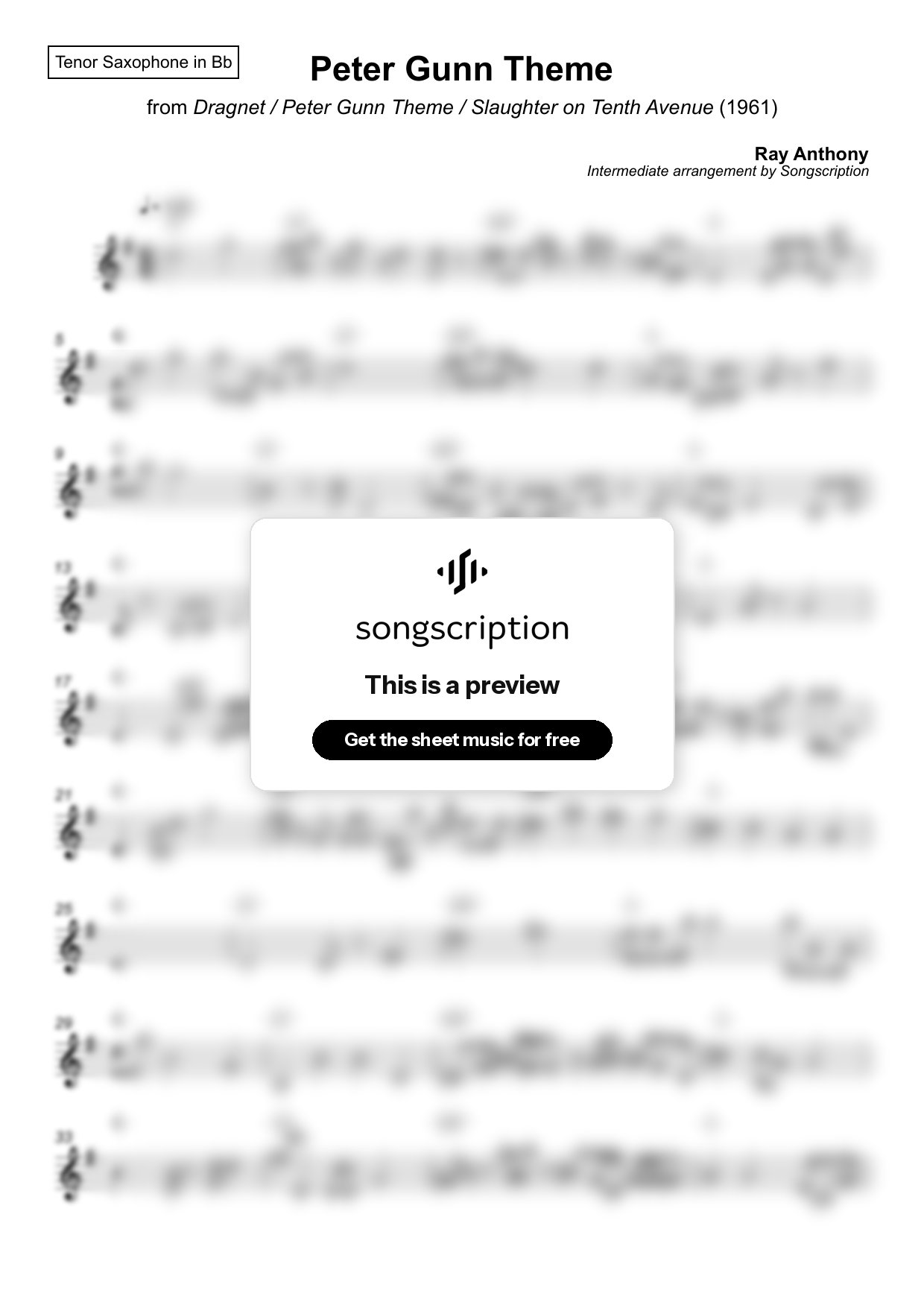 Intermediate Tenor Sax Sheet Music for "Peter Gunn Theme" by Ray Anthony