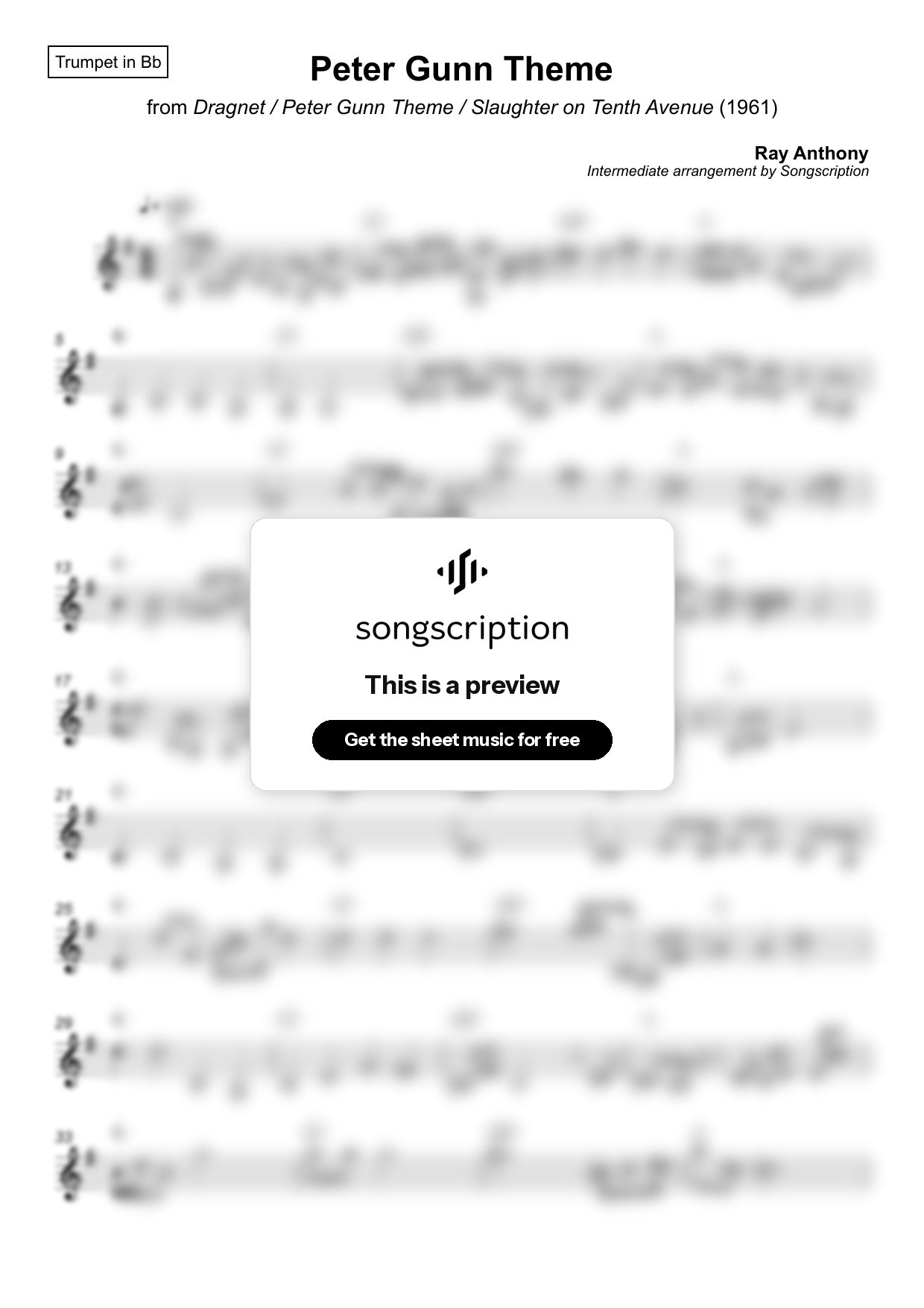 Intermediate Trumpet Sheet Music for "Peter Gunn Theme" by Ray Anthony