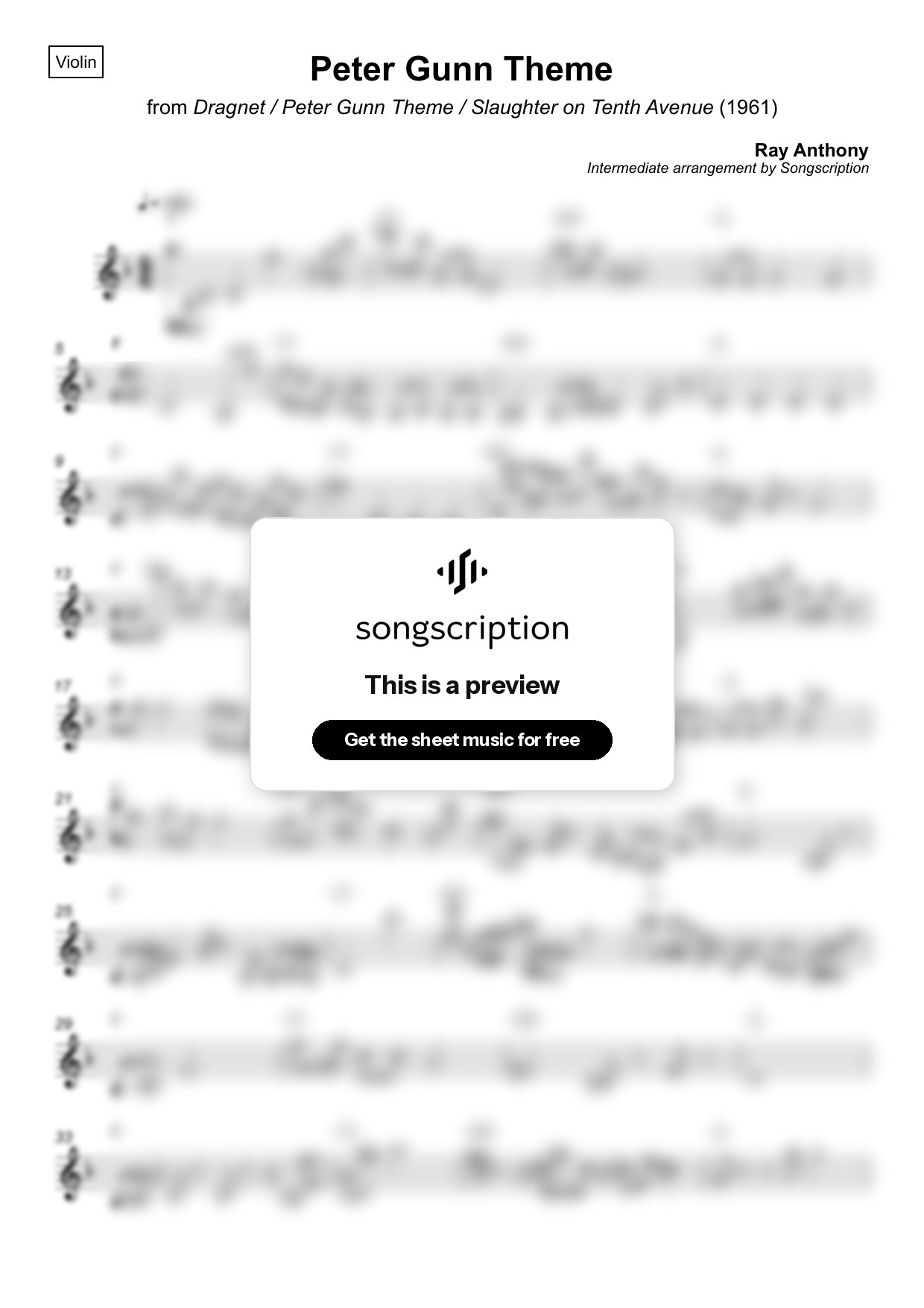 Intermediate Violin Sheet Music for "Peter Gunn Theme" by Ray Anthony