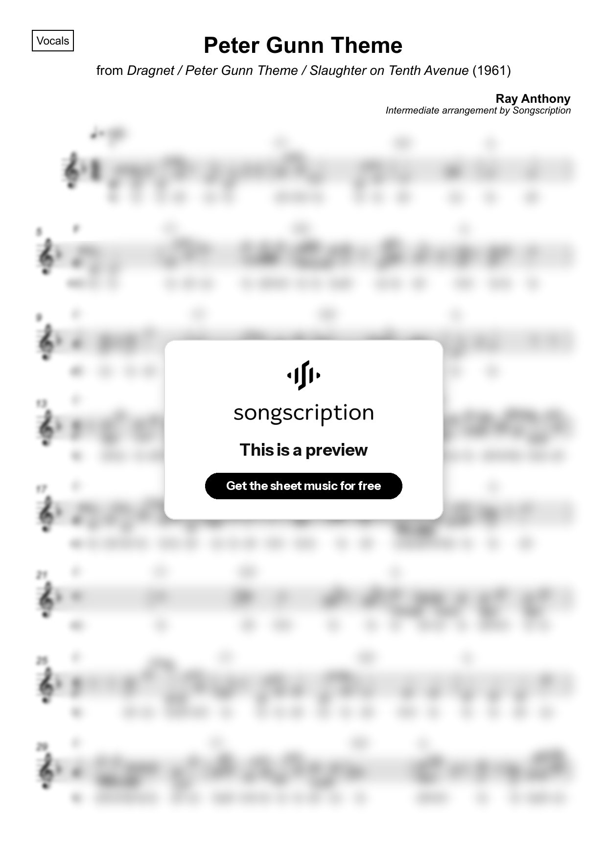 Intermediate Vocals Sheet Music for "Peter Gunn Theme" by Ray Anthony