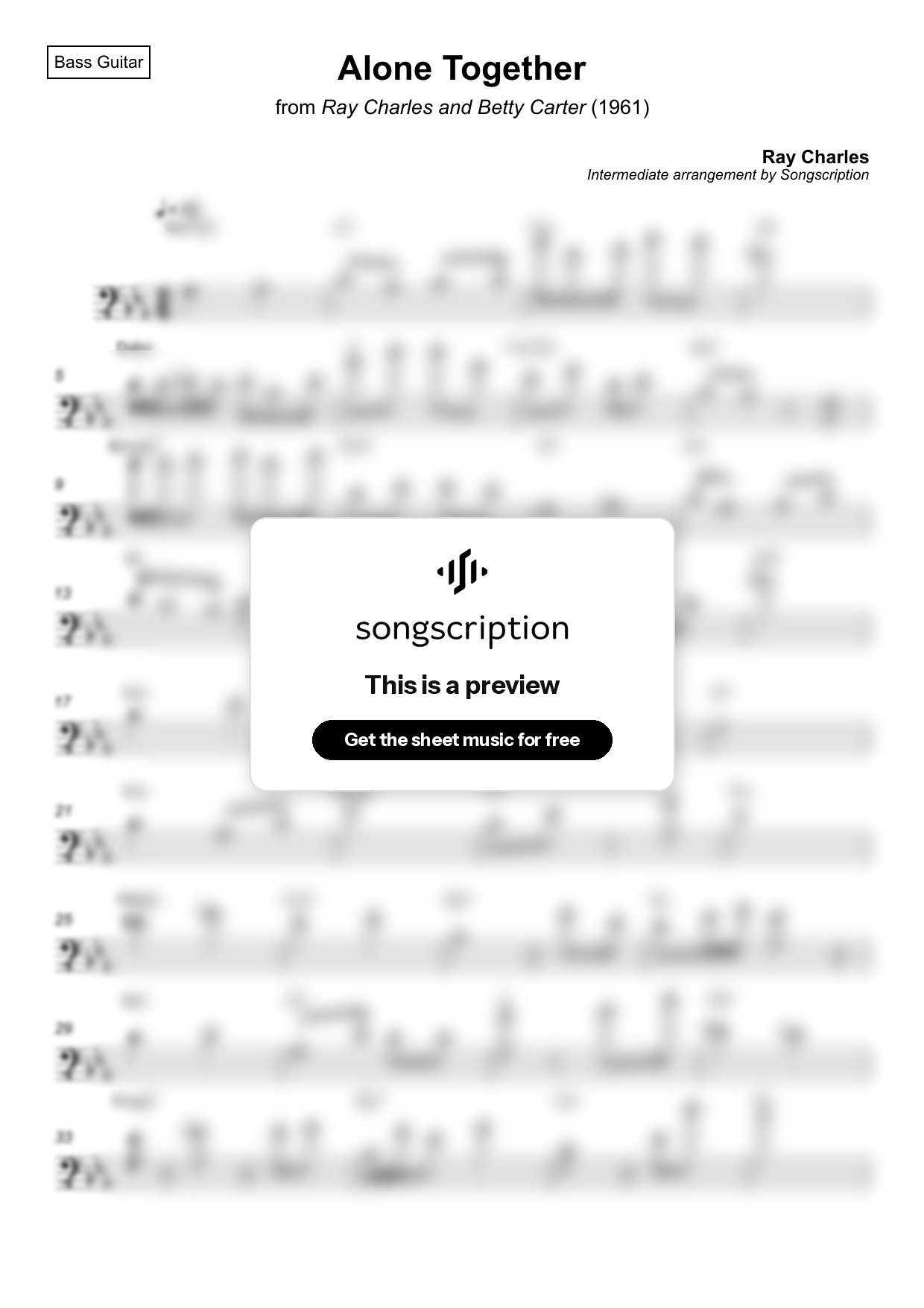 Intermediate Bass Guitar Sheet Music for "Alone Together" by Ray Charles