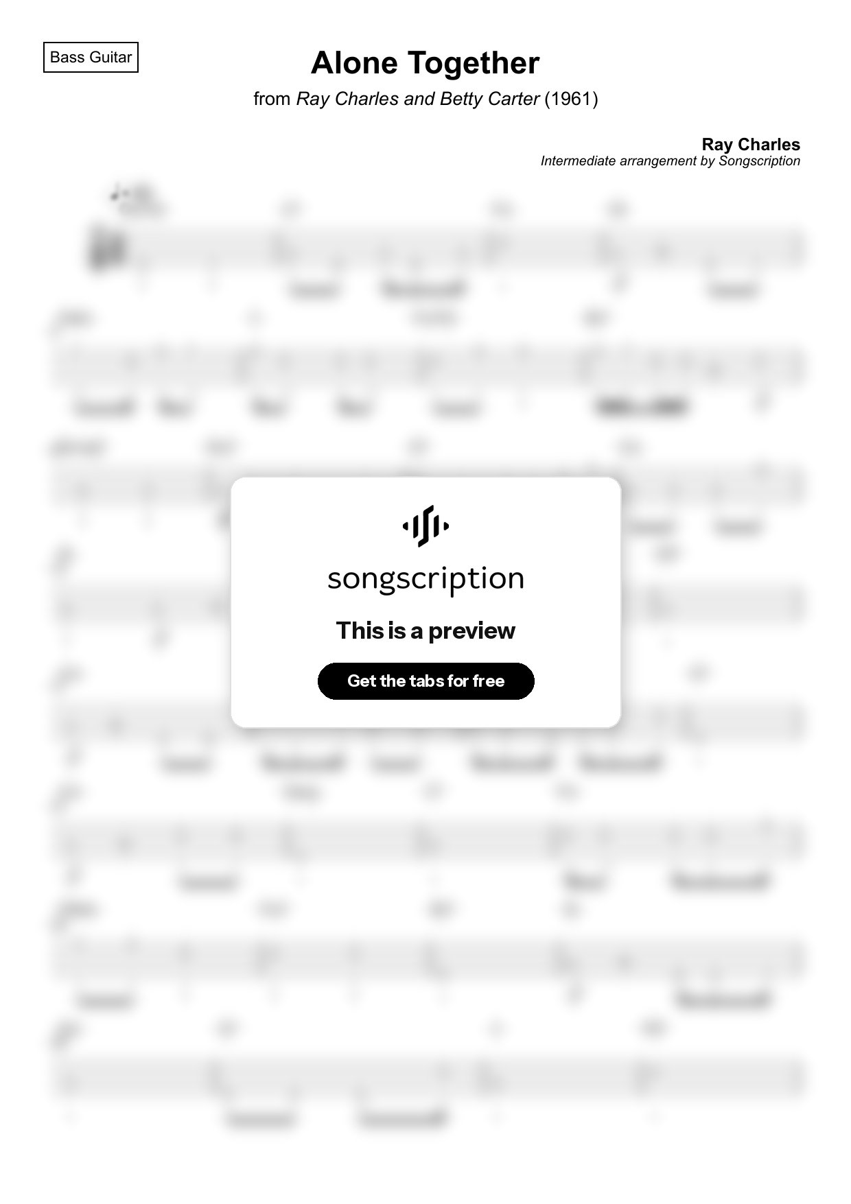 Intermediate Bass Guitar Tabs for "Alone Together" by Ray Charles