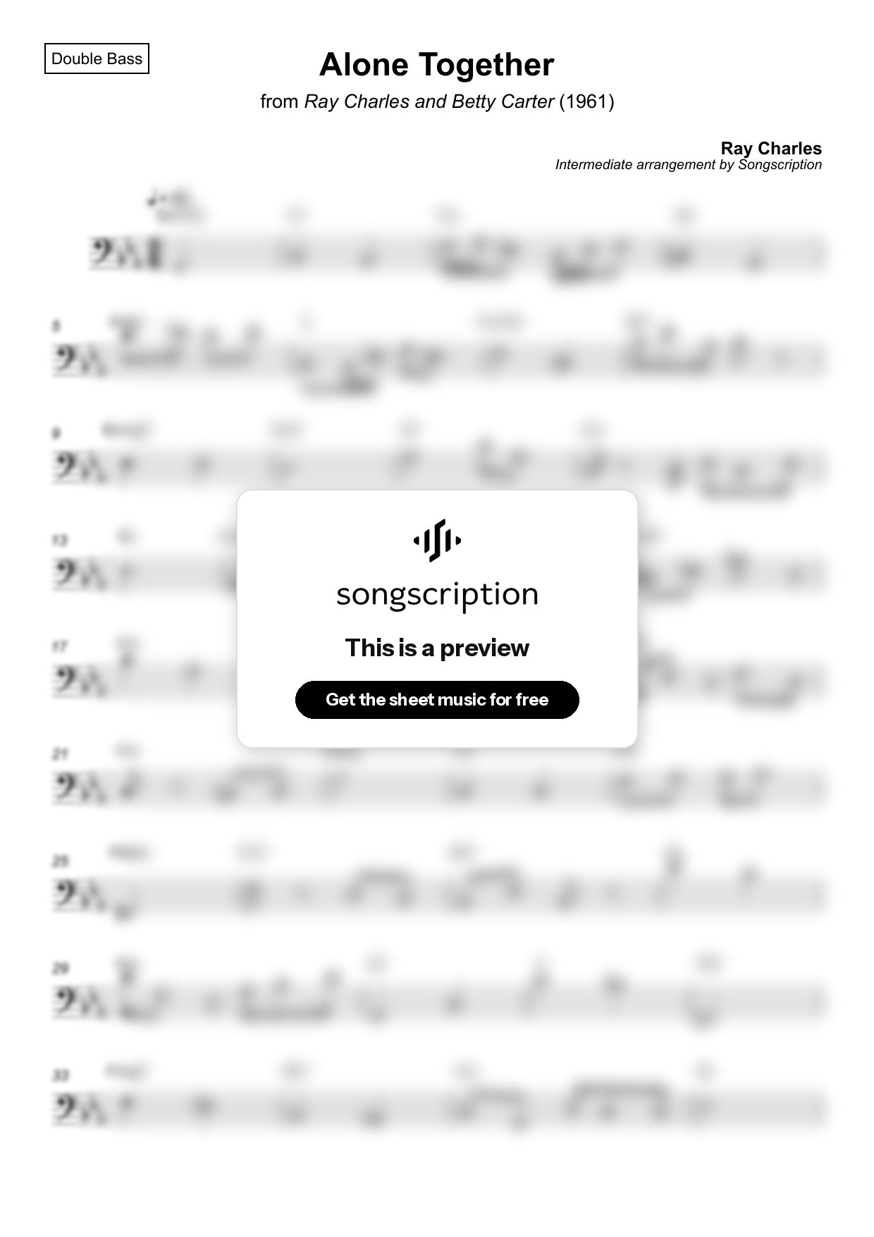 Intermediate Double Bass Sheet Music for "Alone Together" by Ray Charles