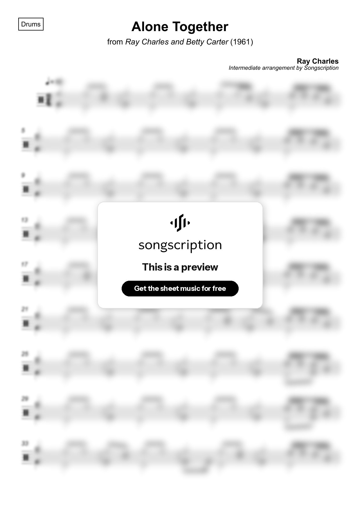 Intermediate Drums Sheet Music for "Alone Together" by Ray Charles