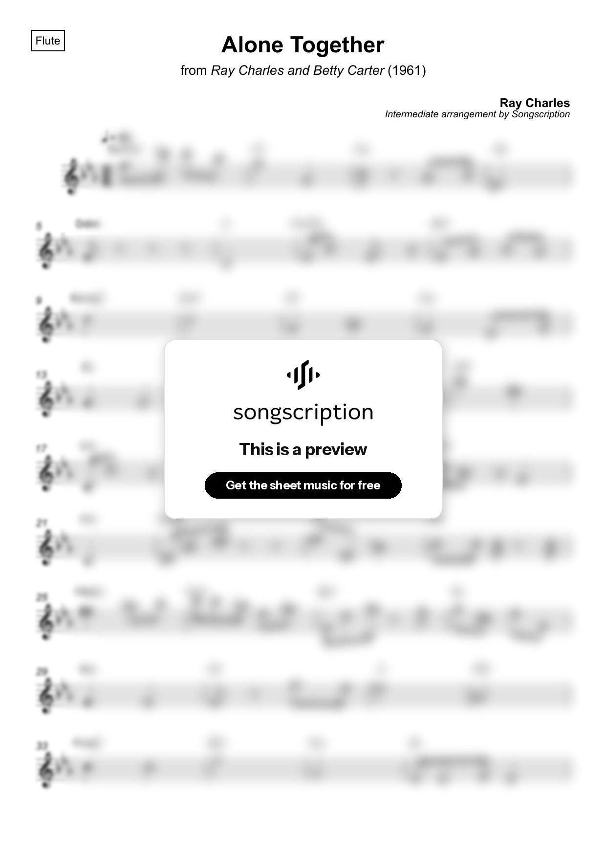 Intermediate Flute Sheet Music for "Alone Together" by Ray Charles