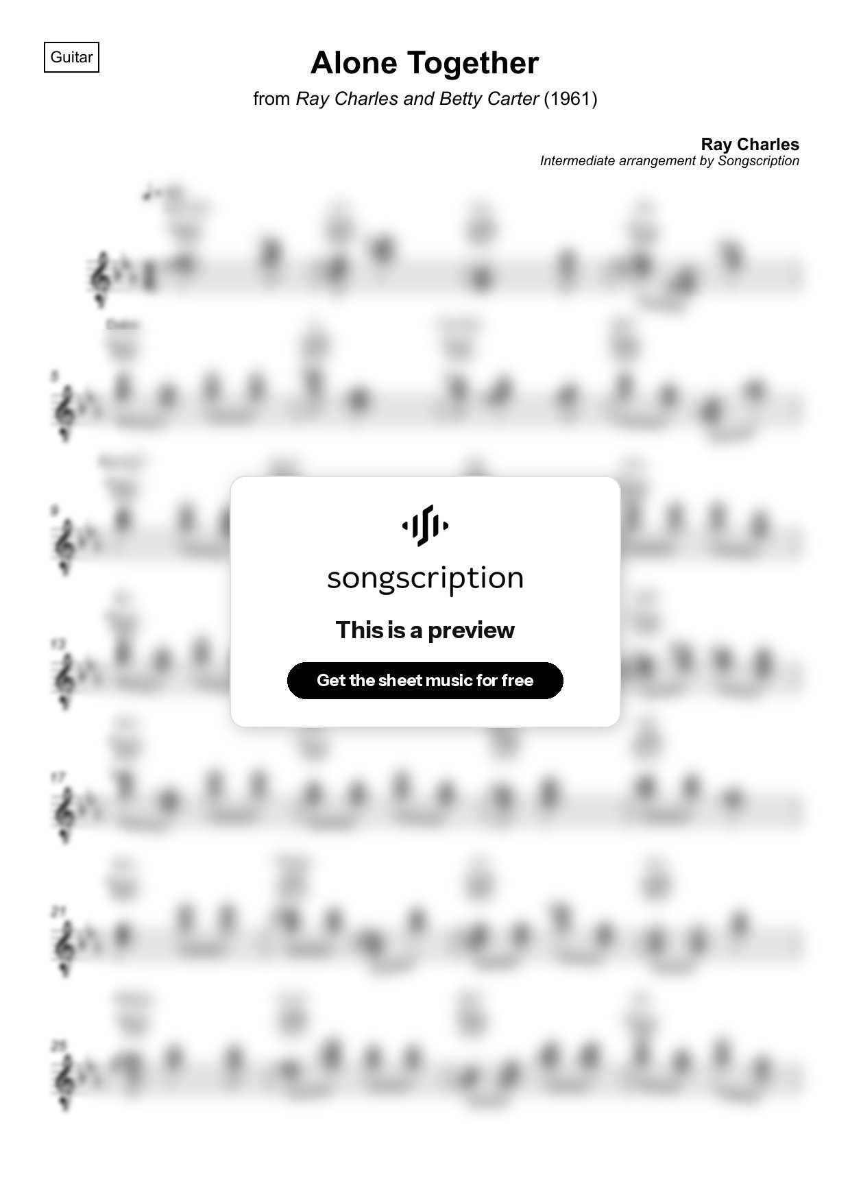 Intermediate Acoustic Guitar Sheet Music for "Alone Together" by Ray Charles