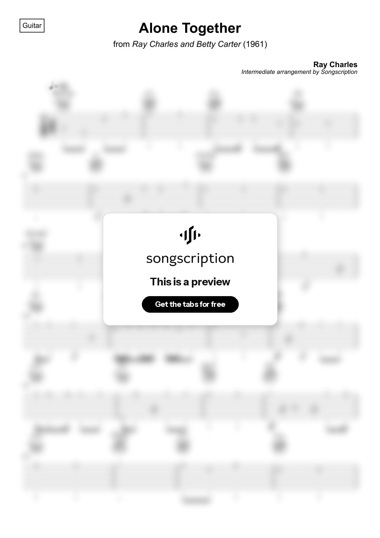 Intermediate Acoustic Guitar Tabs for "Alone Together" by Ray Charles