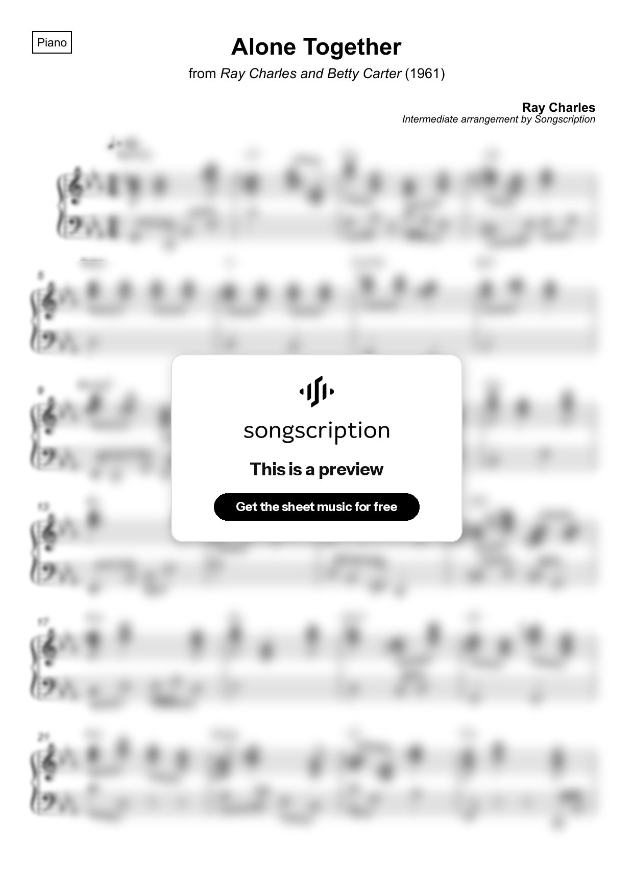Intermediate Piano Sheet Music for "Alone Together" by Ray Charles