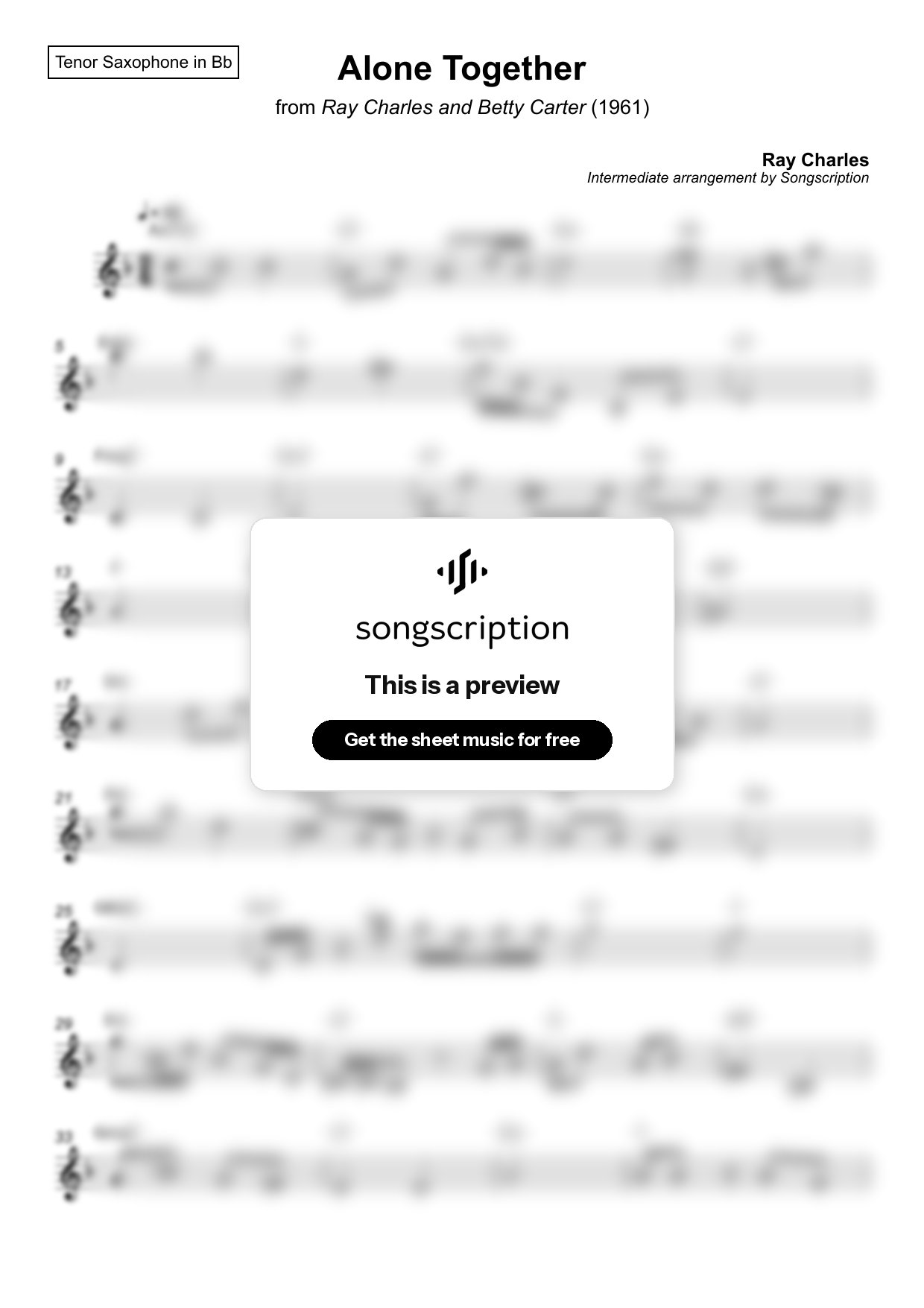 Intermediate Tenor Sax Sheet Music for "Alone Together" by Ray Charles