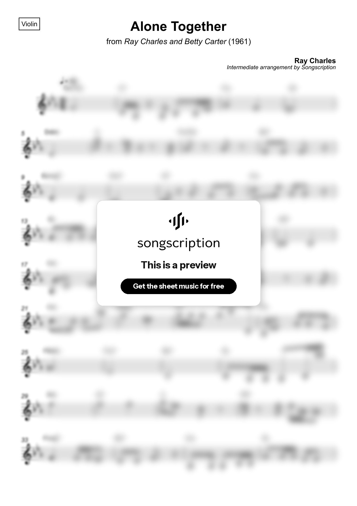 Intermediate Violin Sheet Music for "Alone Together" by Ray Charles
